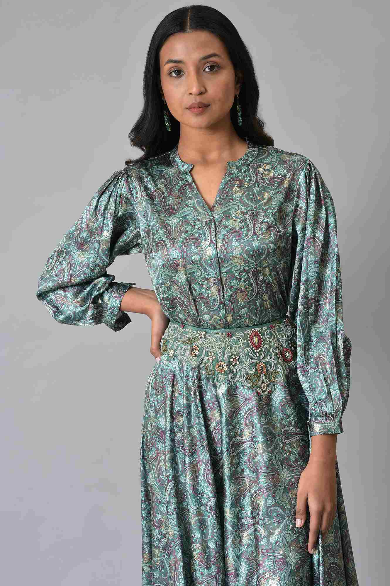 Dark Green Floral Printed Top And Skirt Co-Ord Set - Image 5