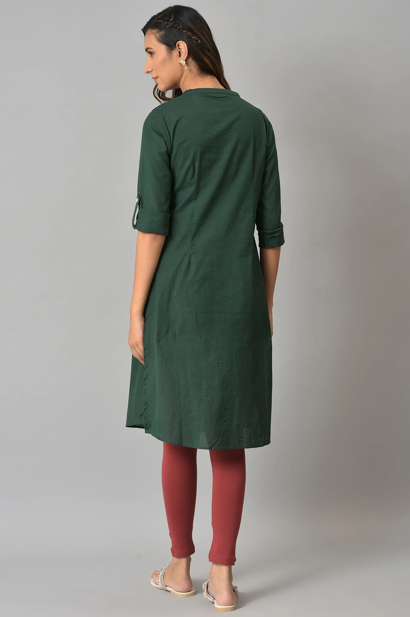 Dark Green Half Placket Shirt kurta - Image 2