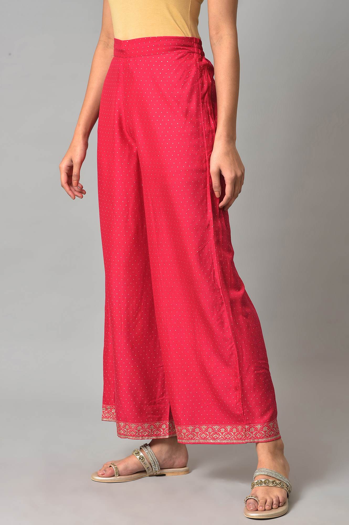 Dark Pink Glitter Print Parallel Pants With Border - Image 3