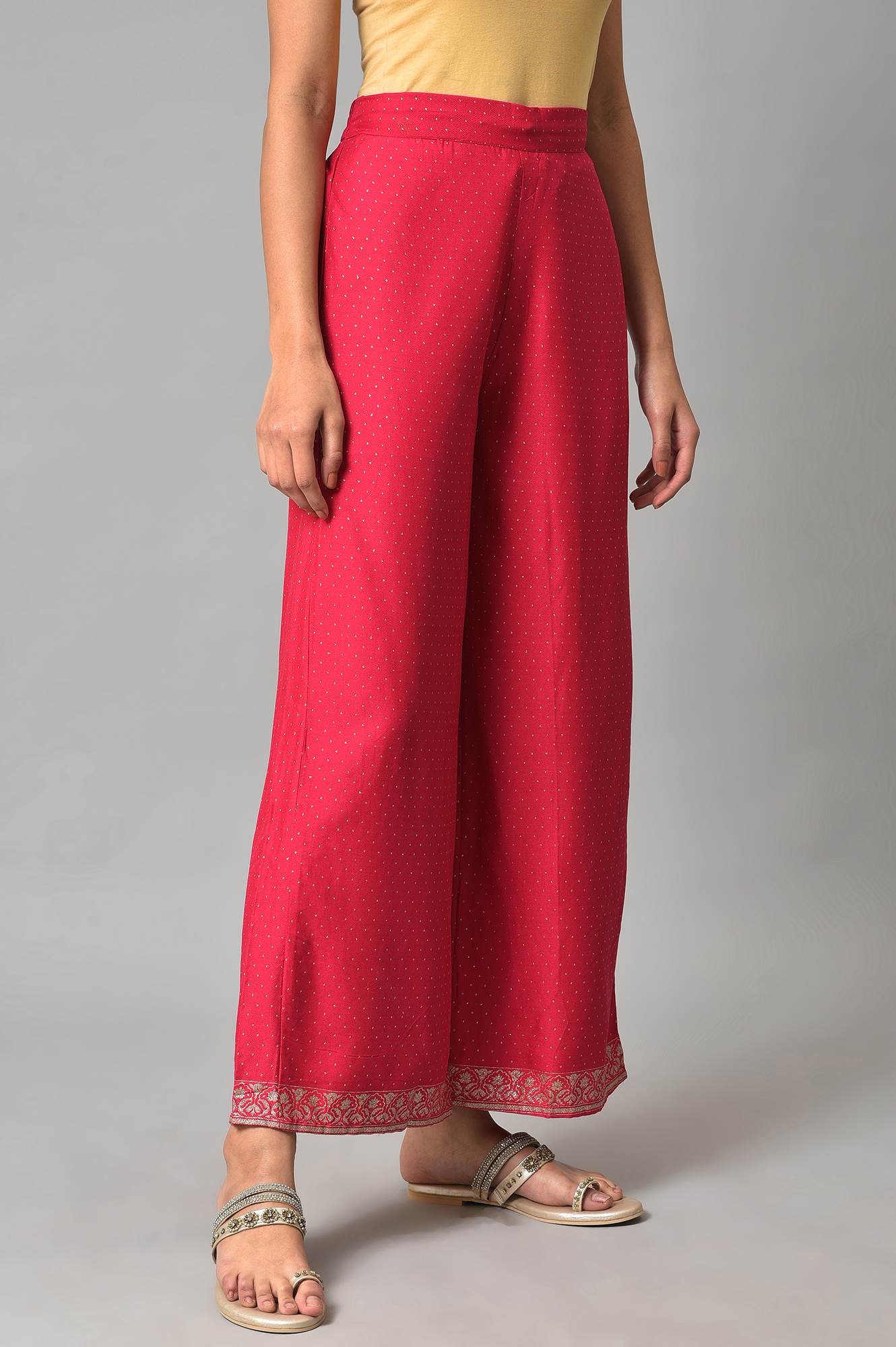 Dark Pink Glitter Print Parallel Pants With Border - Image 4