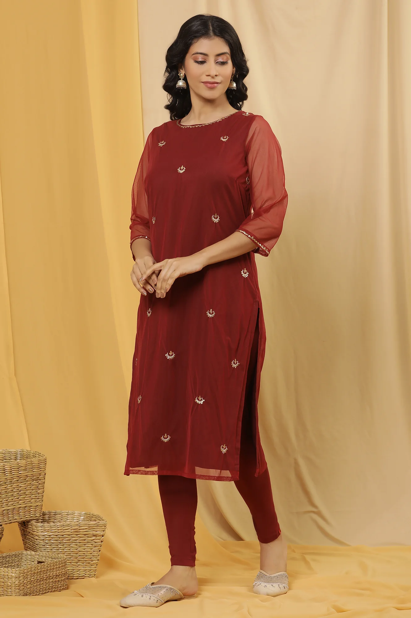 Dark Red Embroidered Kurta, Tights And Dupatta Set - Image 3