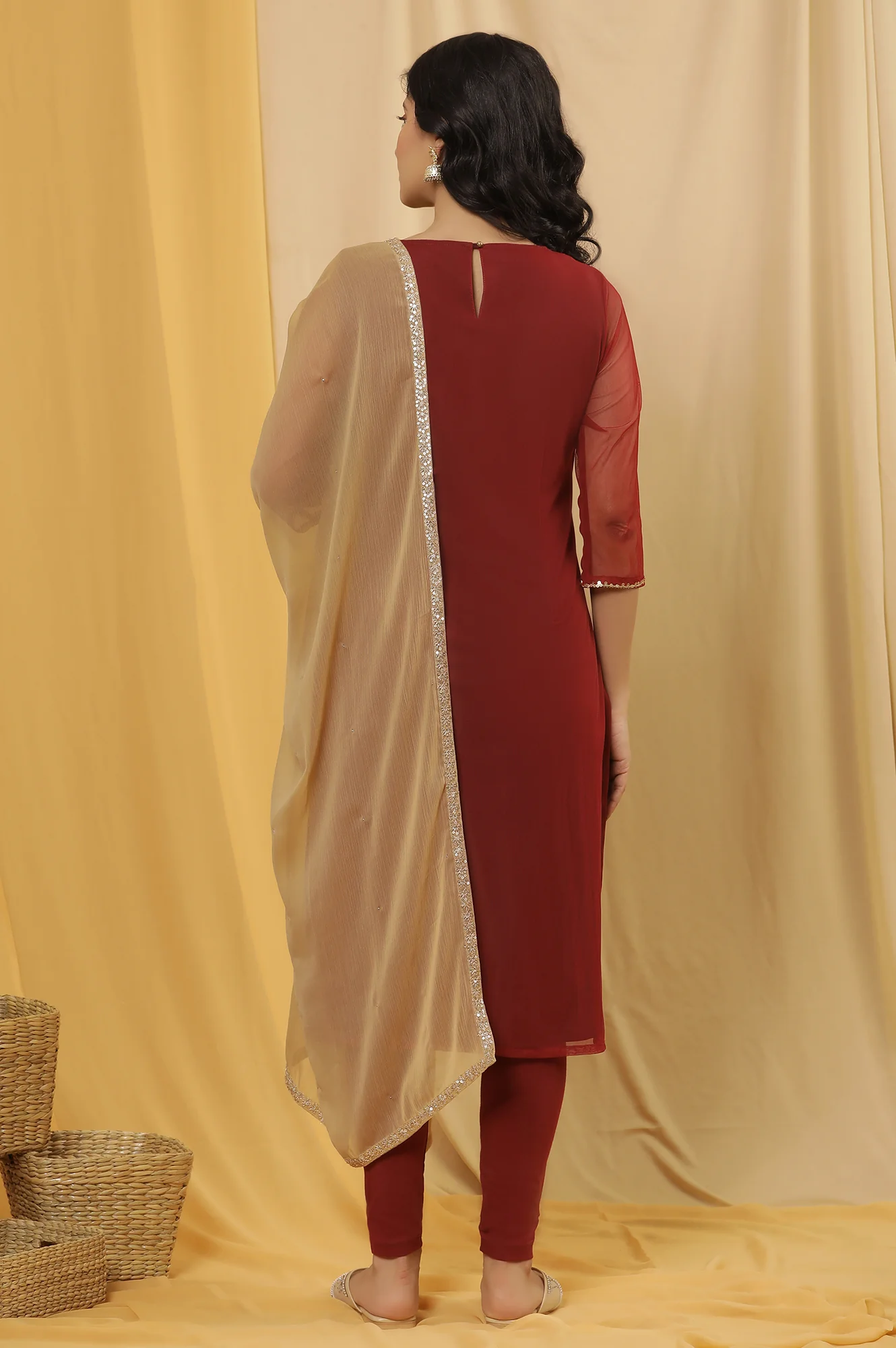 Dark Red Embroidered Kurta, Tights And Dupatta Set - Image 4