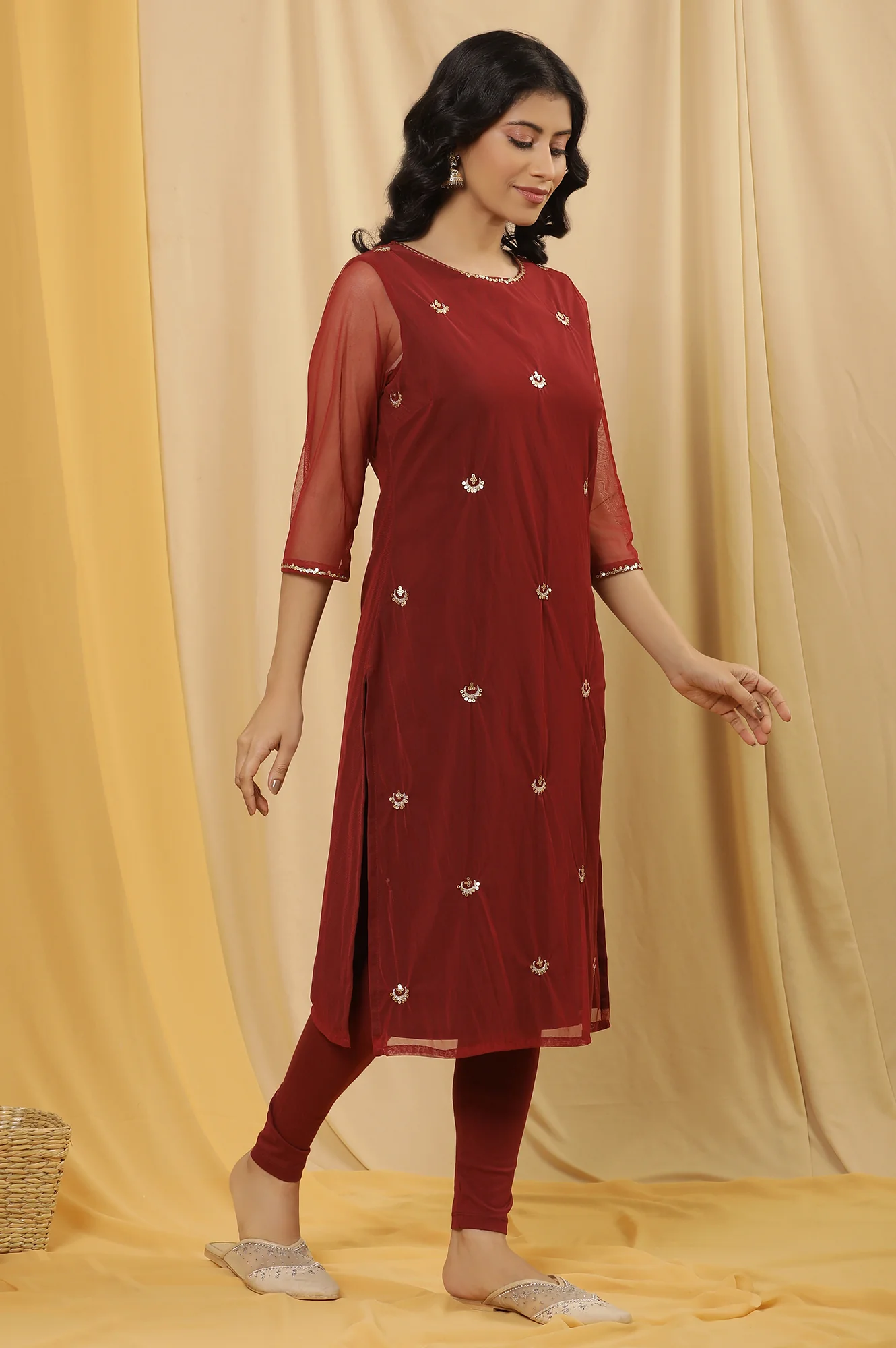 Dark Red Embroidered Kurta, Tights And Dupatta Set - Image 5