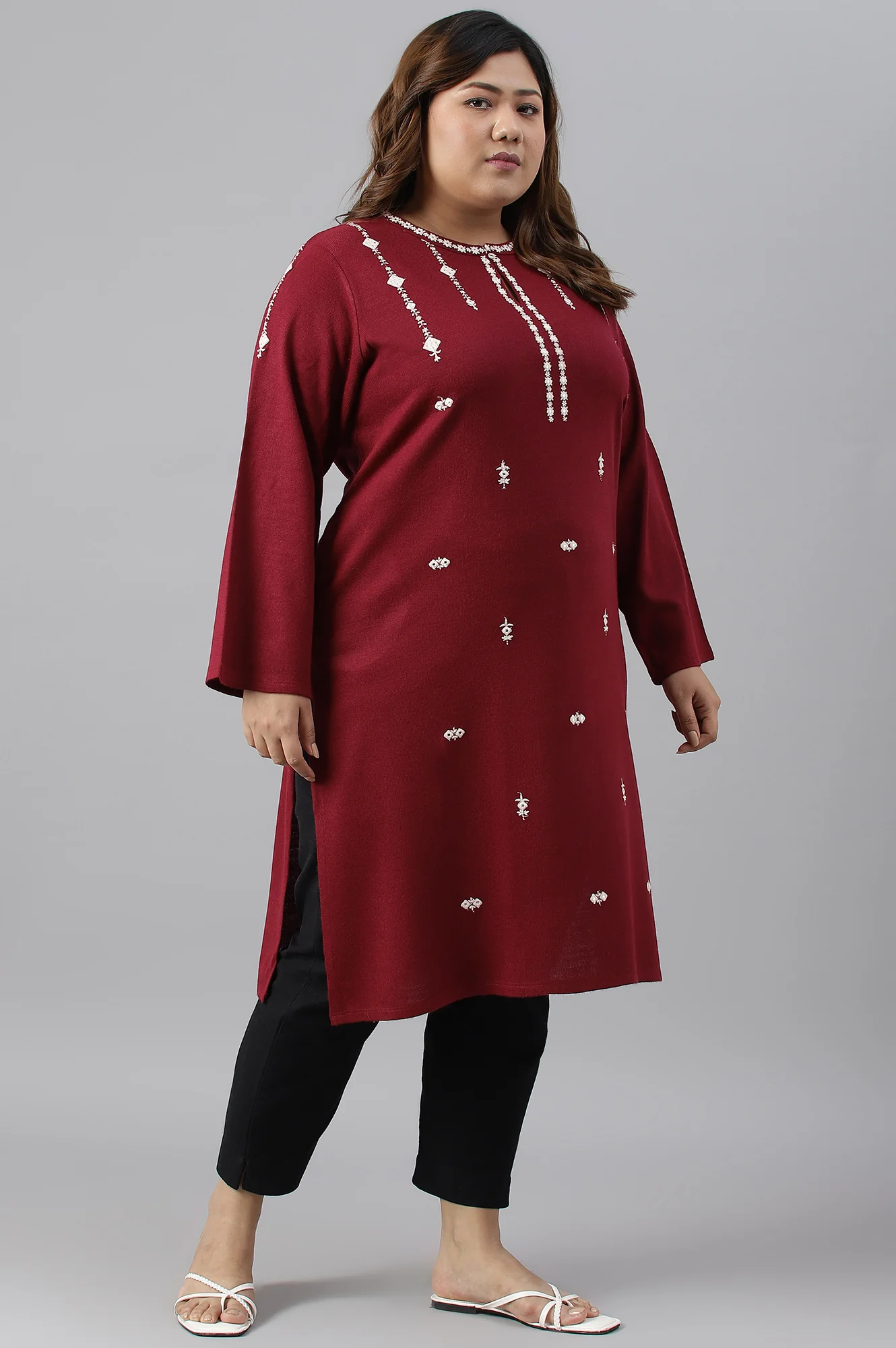 Dark Red Embroidered Plus Size Winter kurta - Image 3