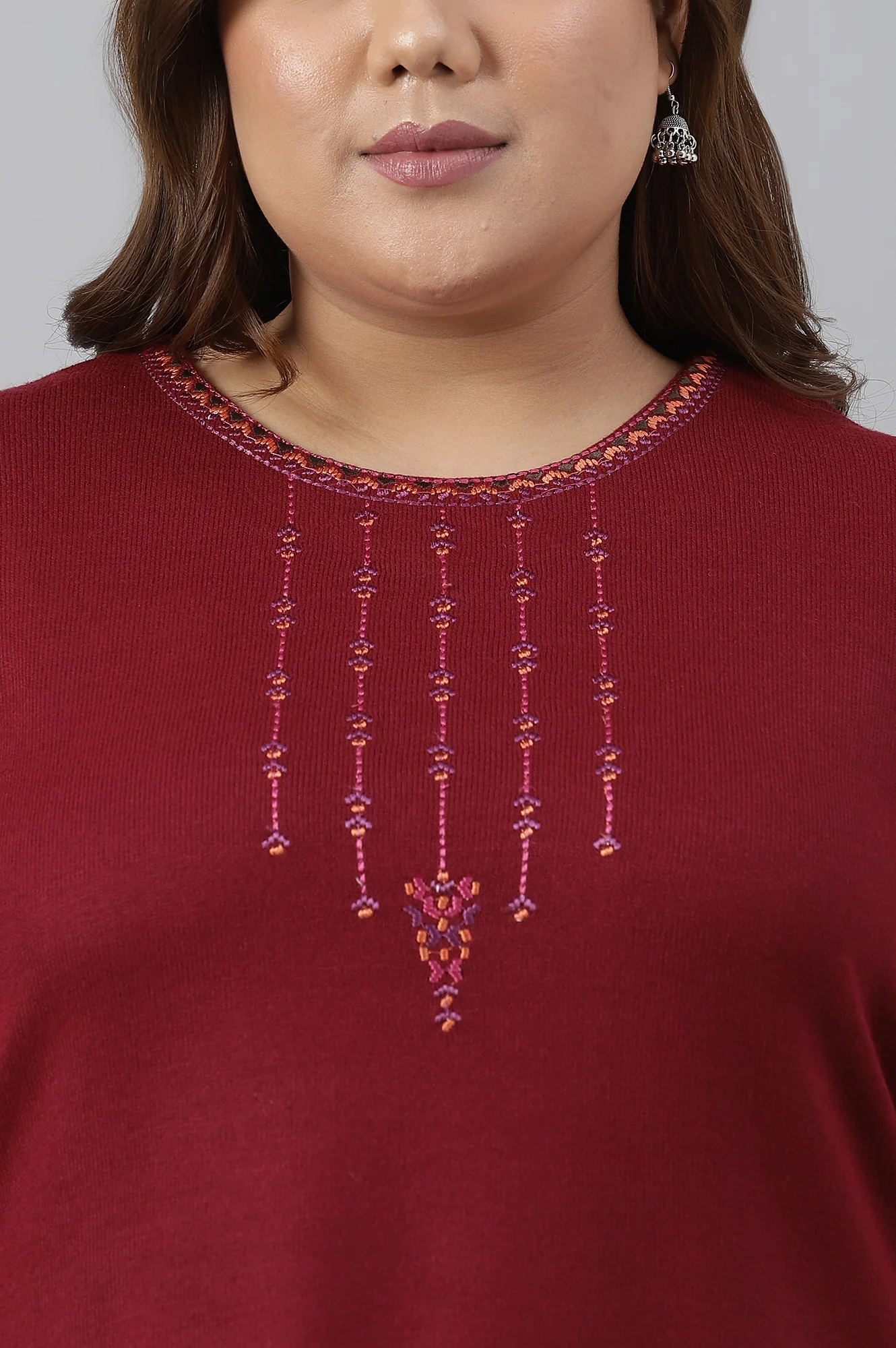 Dark Red Embroidered Plus Size Winter kurta - Image 5
