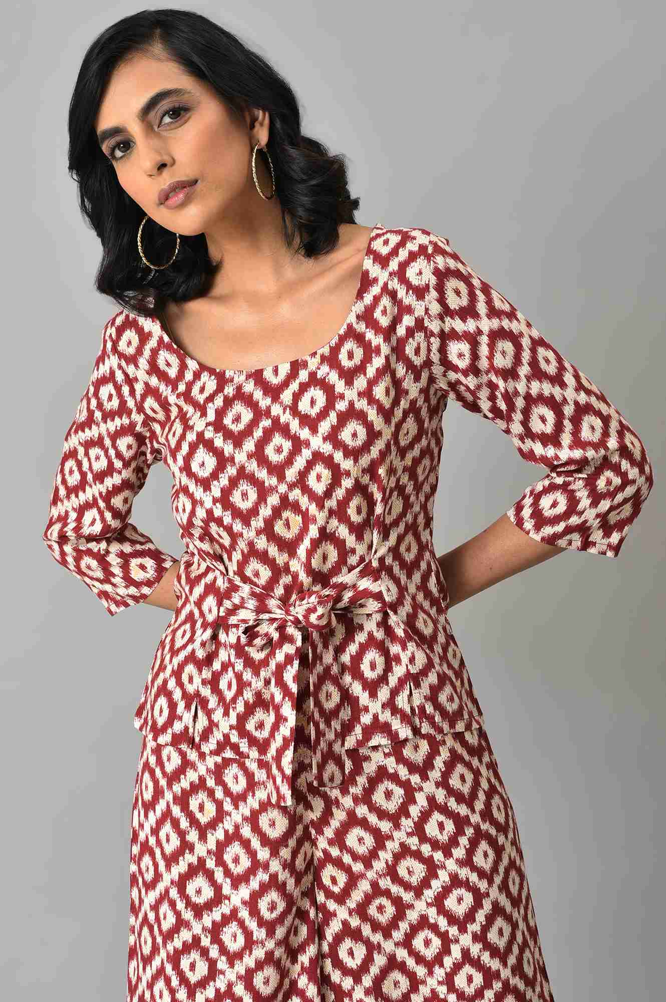 Dark Red Ikkat Print A-line kurta with FLared Pants Co-ord Set - Image 5