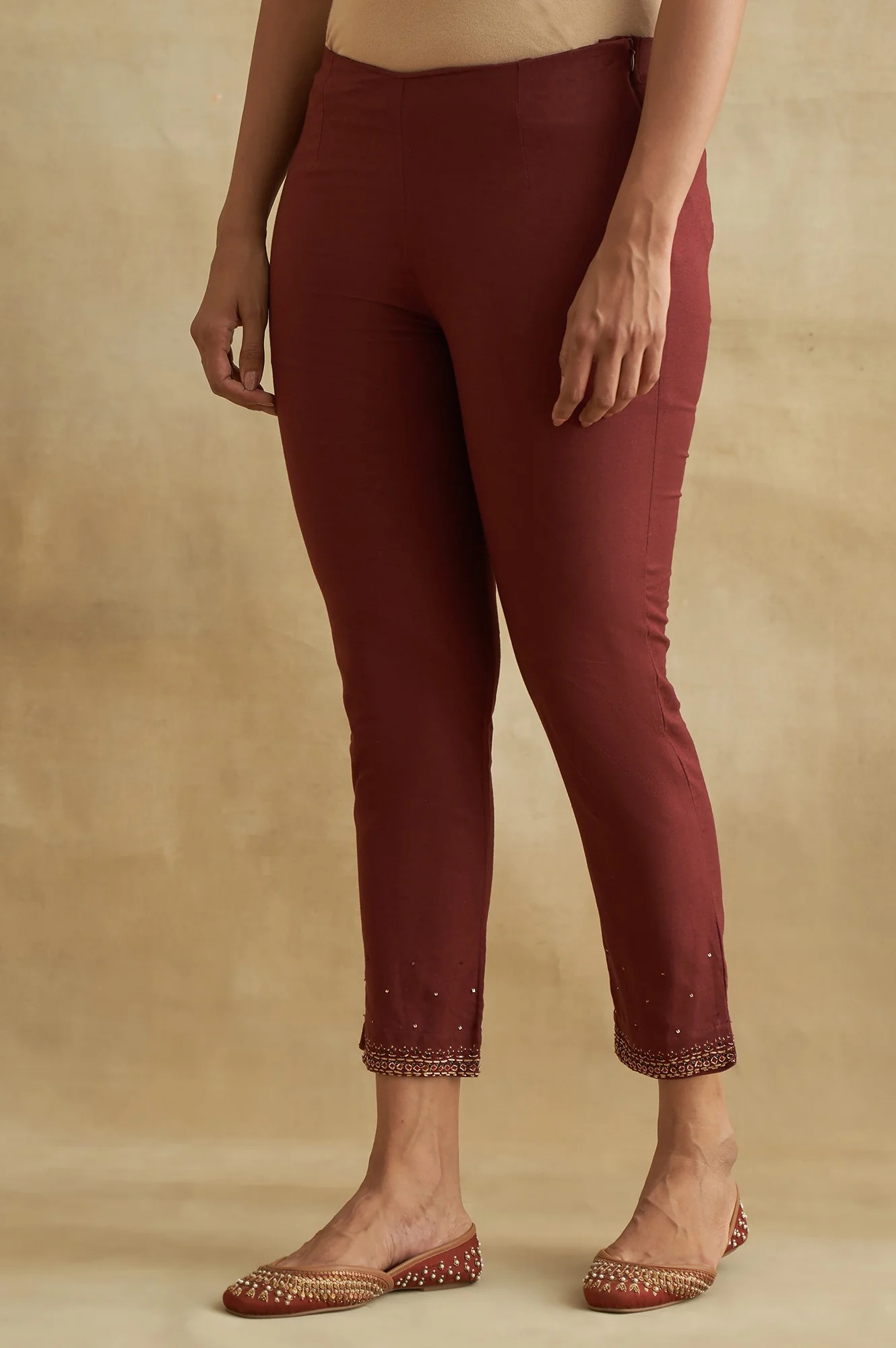 Dark Red Solid Slim Pants - Image 3