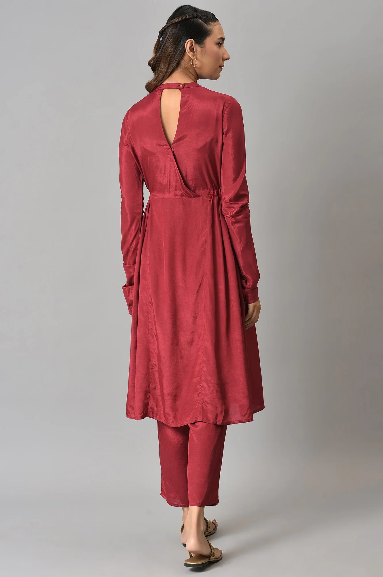 Dark Red Zari TopStitched Placket kurta with Straight Pants Co-ord Set - Image 2