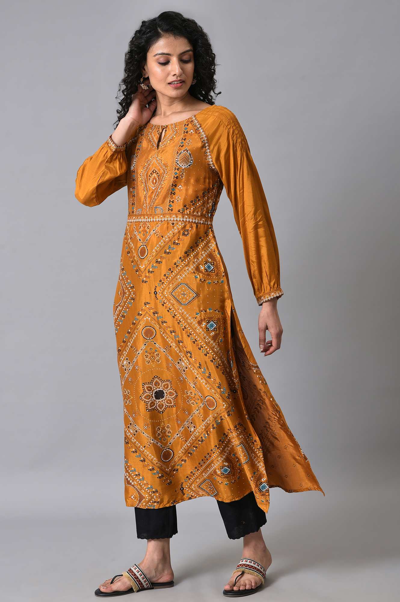 Dark Yellow Printed kurta - Image 3