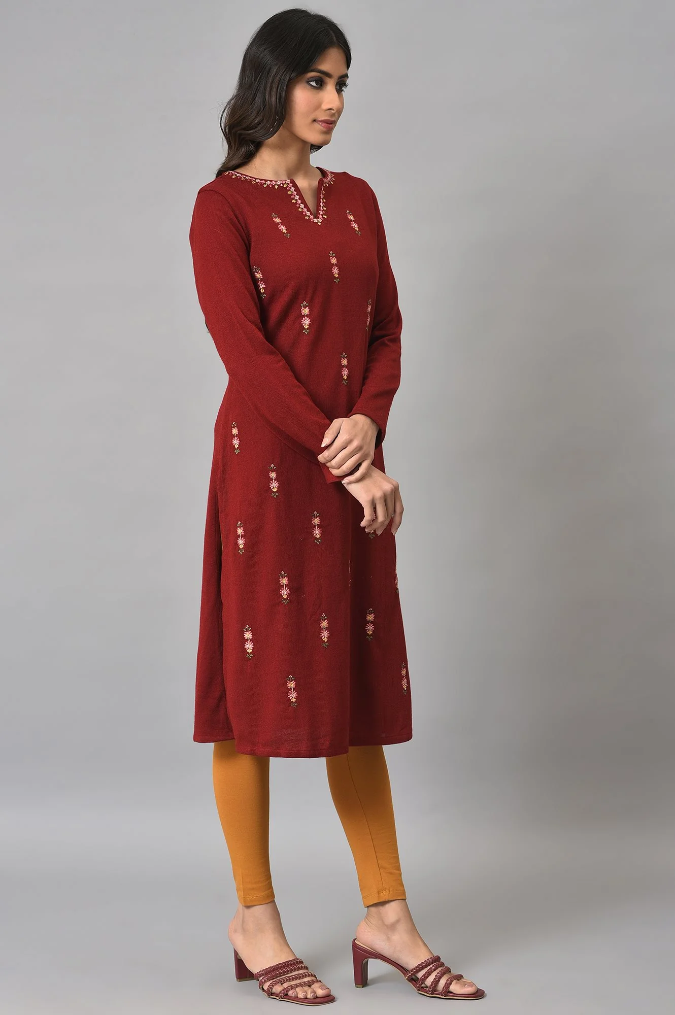 Deep Red Embroidered Plus Size Winter kurta - Image 4