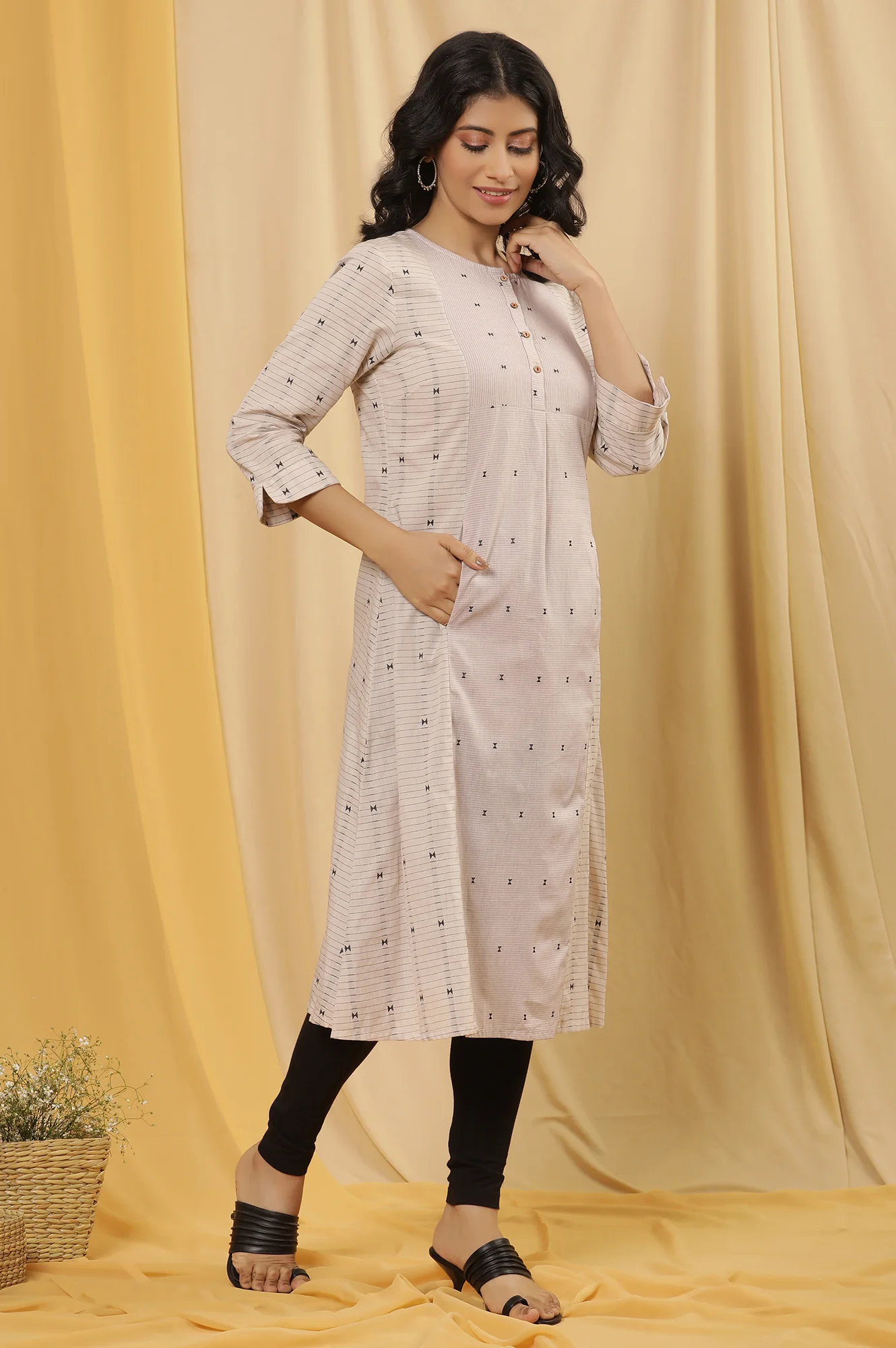 Ecru And Lilac Printed Kurta, Tights And Dupatta Set - Image 5