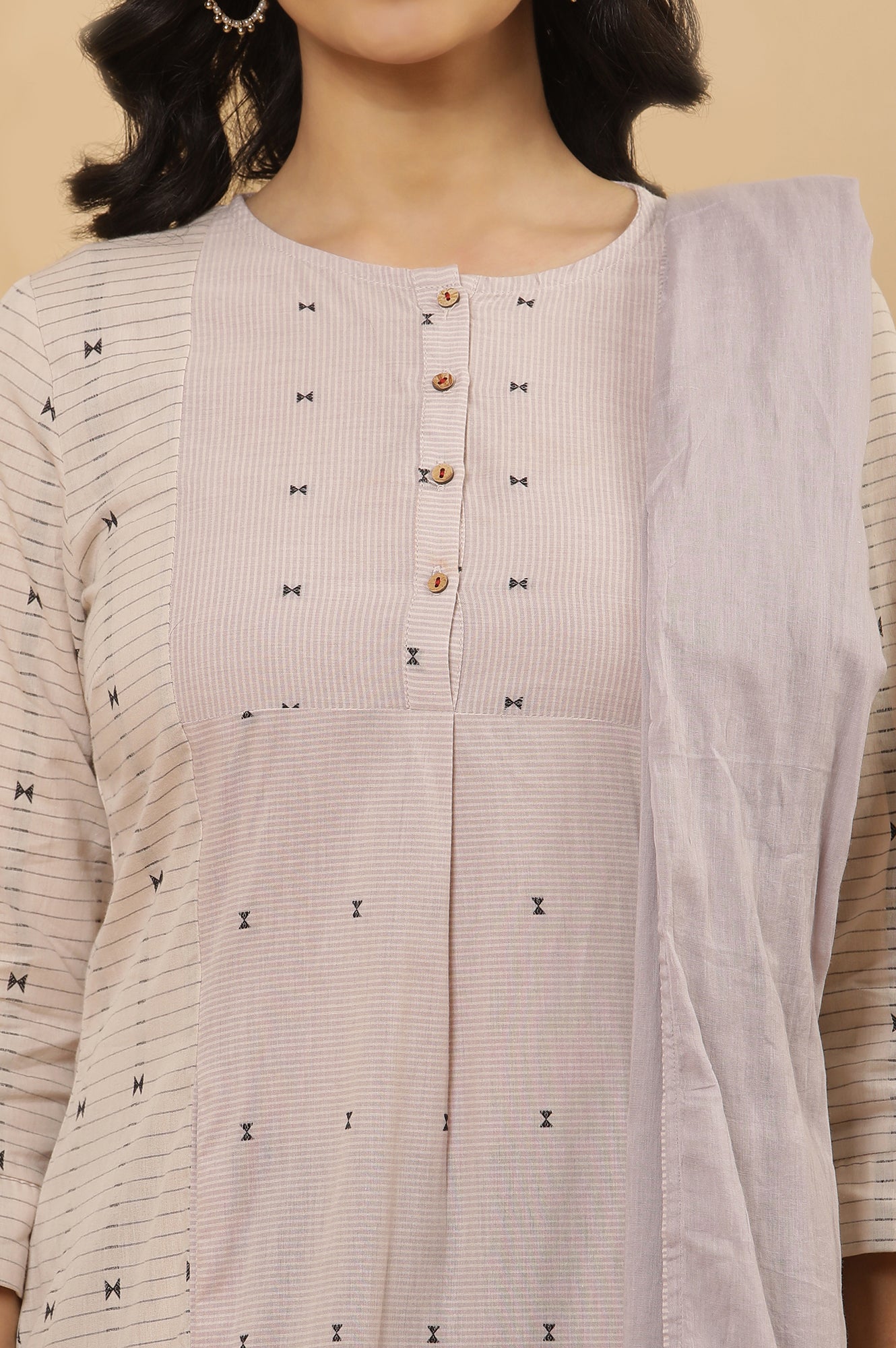 Ecru And Lilac Printed Kurta, Tights And Dupatta Set - Image 6