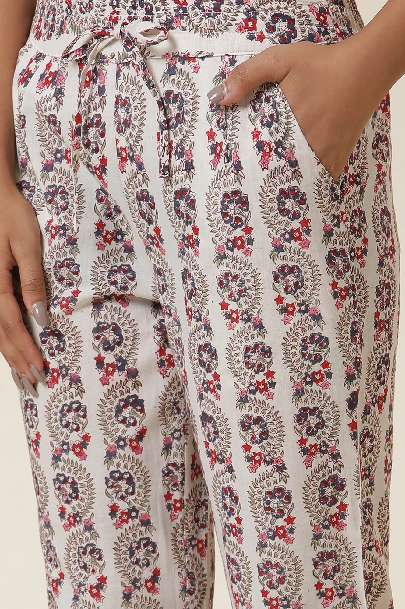 Ecru Block Print Straight Pants - Image 7