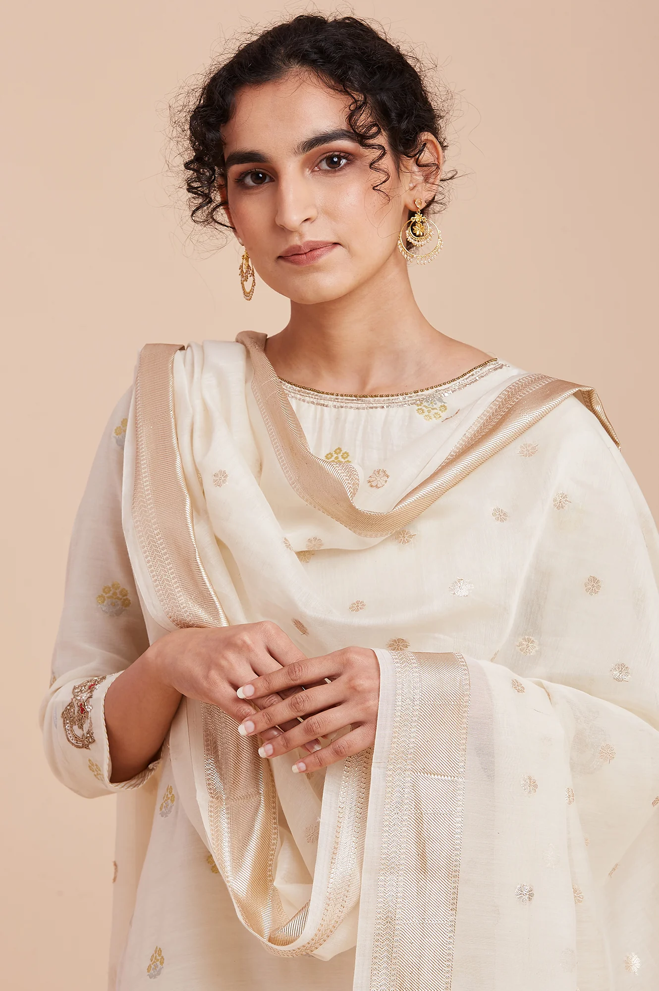 Ecru Chanderi Jacquard Drape - Image 5