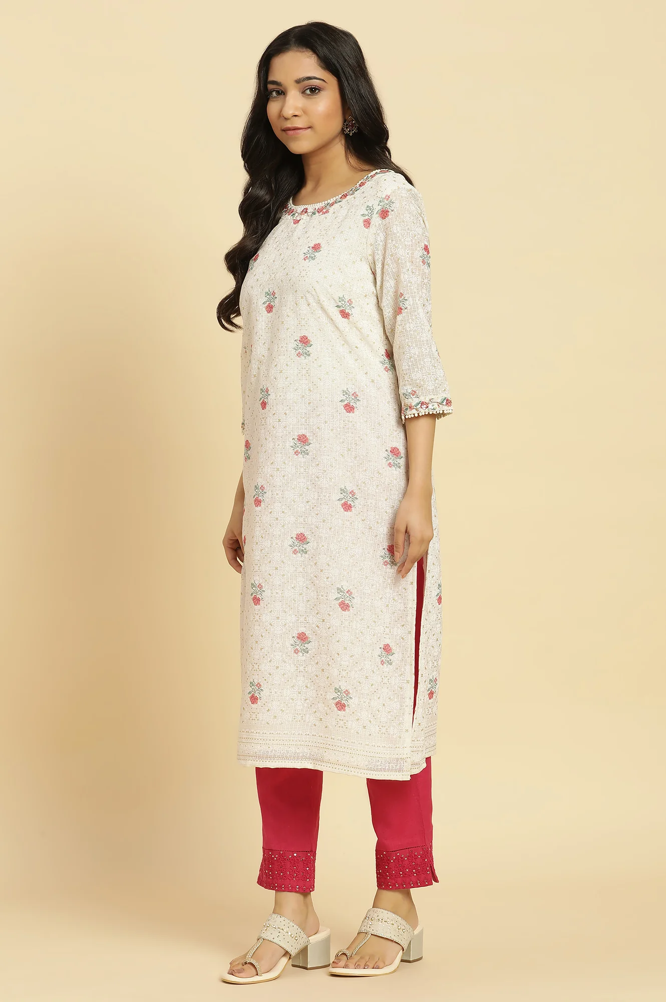Ecru Floral Printed And Embroidered Festive Kurta - Image 3