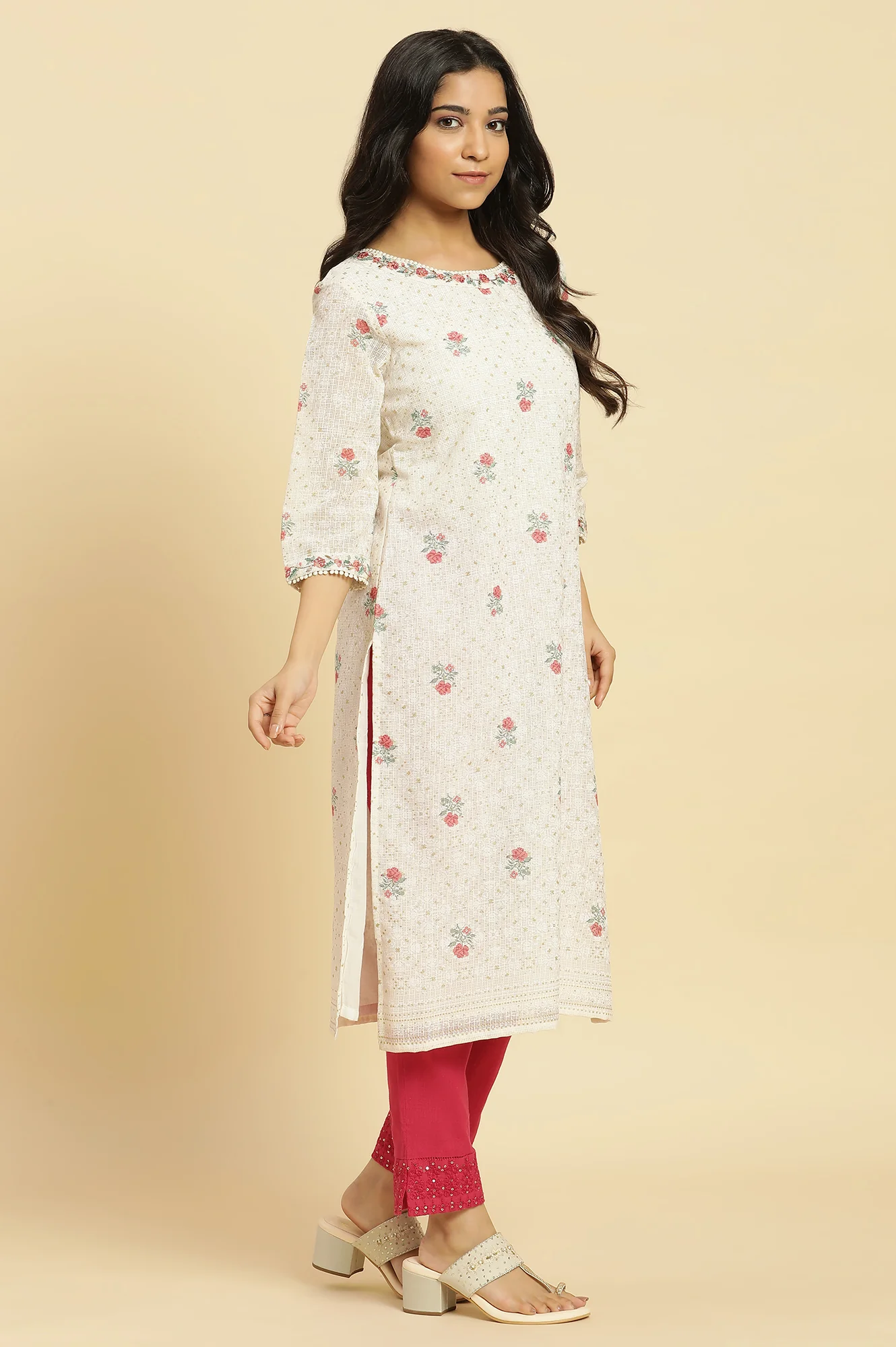 Ecru Floral Printed And Embroidered Festive Kurta - Image 5