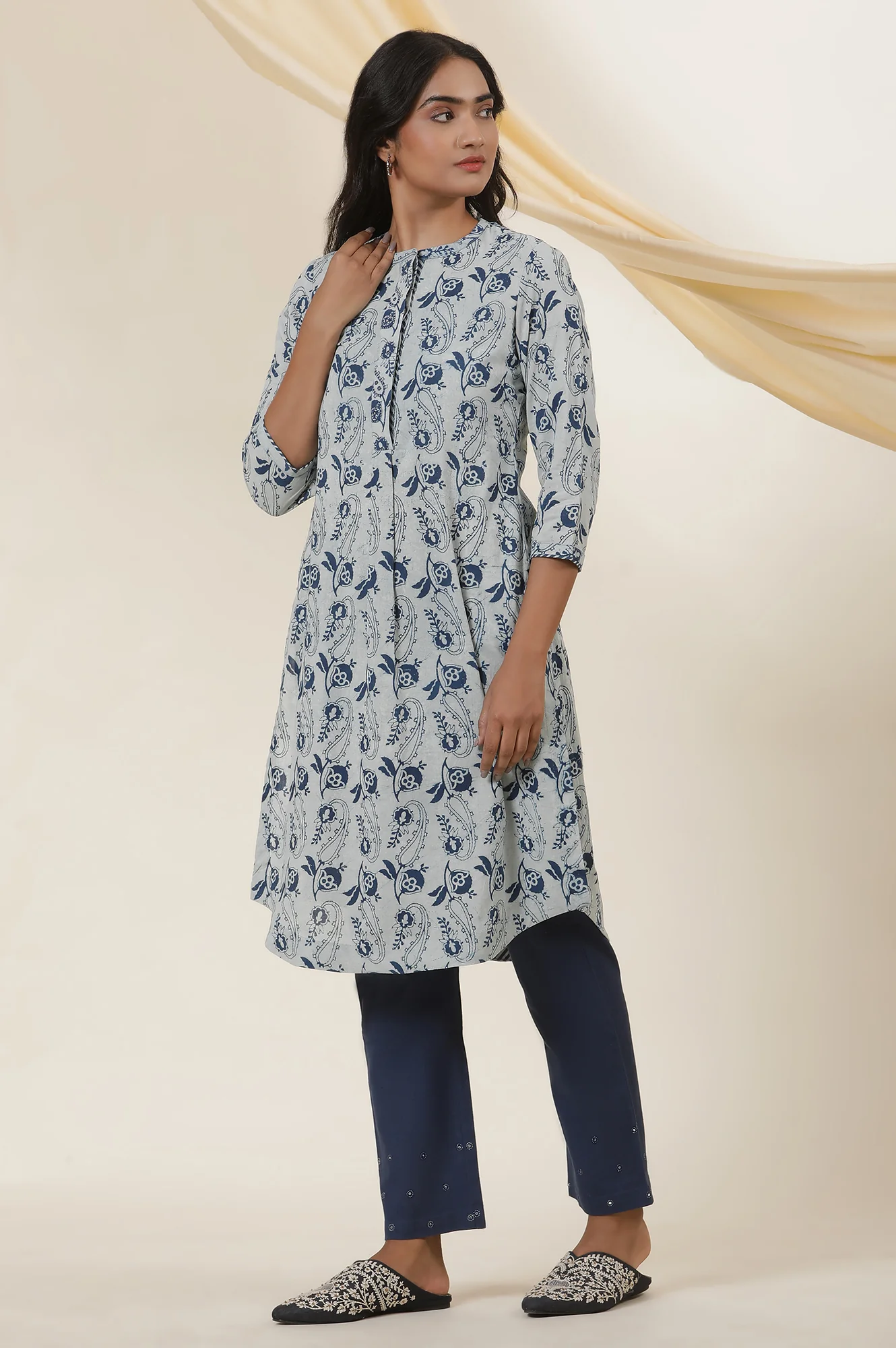Ecru & Indigo Block Print Shirt Dress Kurta - Image 3
