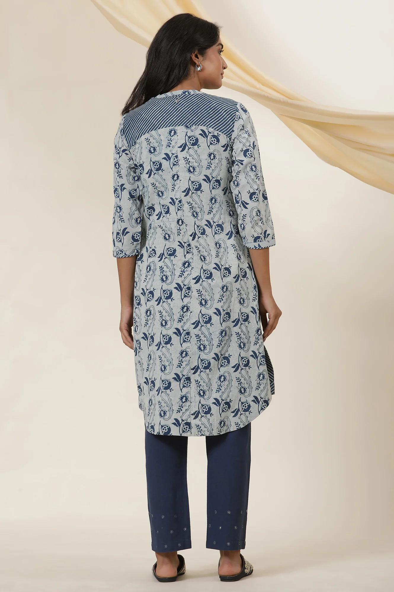 Ecru & Indigo Block Print Shirt Dress Kurta - Image 4