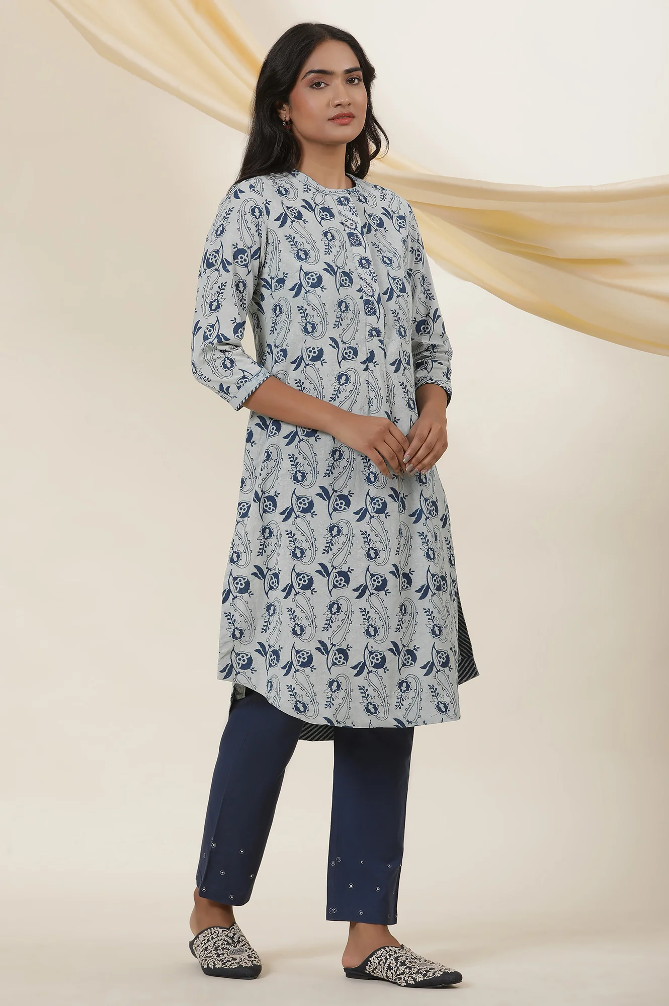 Ecru & Indigo Block Print Shirt Dress Kurta - Image 5