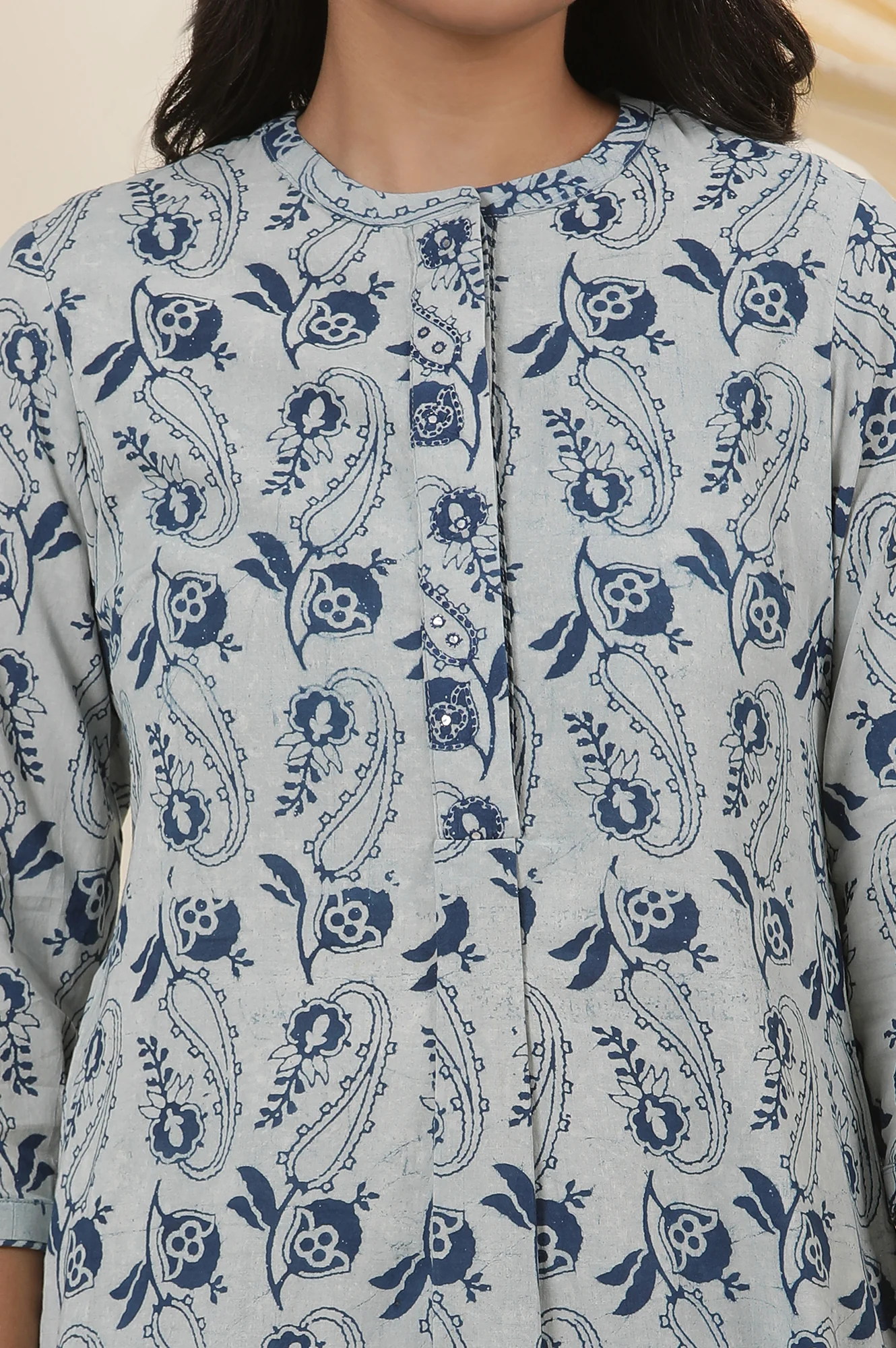 Ecru & Indigo Block Print Shirt Dress Kurta - Image 7
