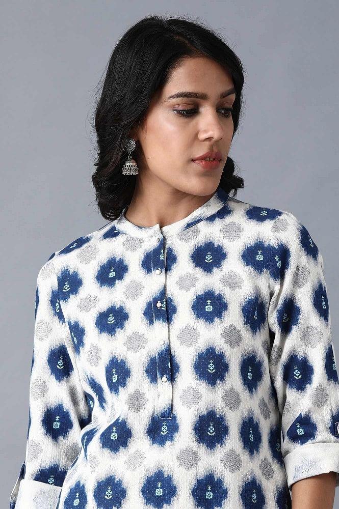 Ecru Mandarin Neck Printed kurta - Image 5