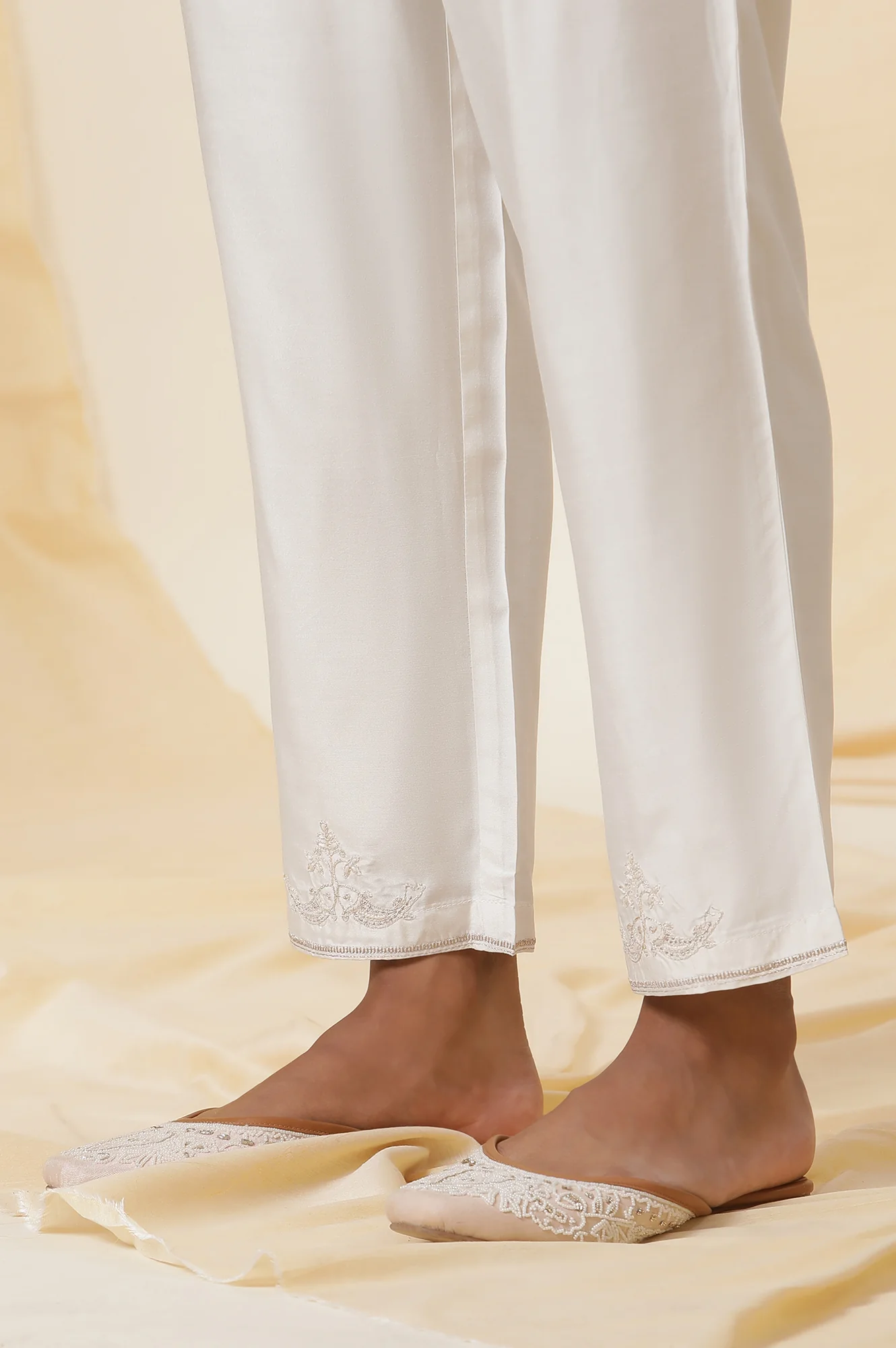 Ecru Mettalic Dori Embroidered Kurta And Straight Pants Set - Image 9
