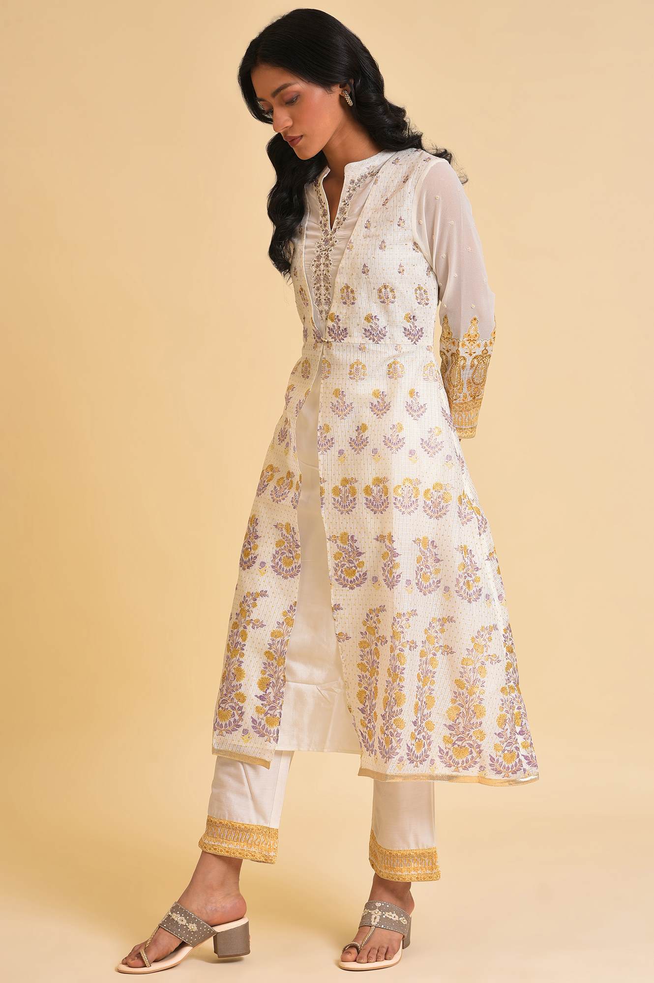 Ecru Mock Layer Printed Kurta & Straight Pants Set - Image 3