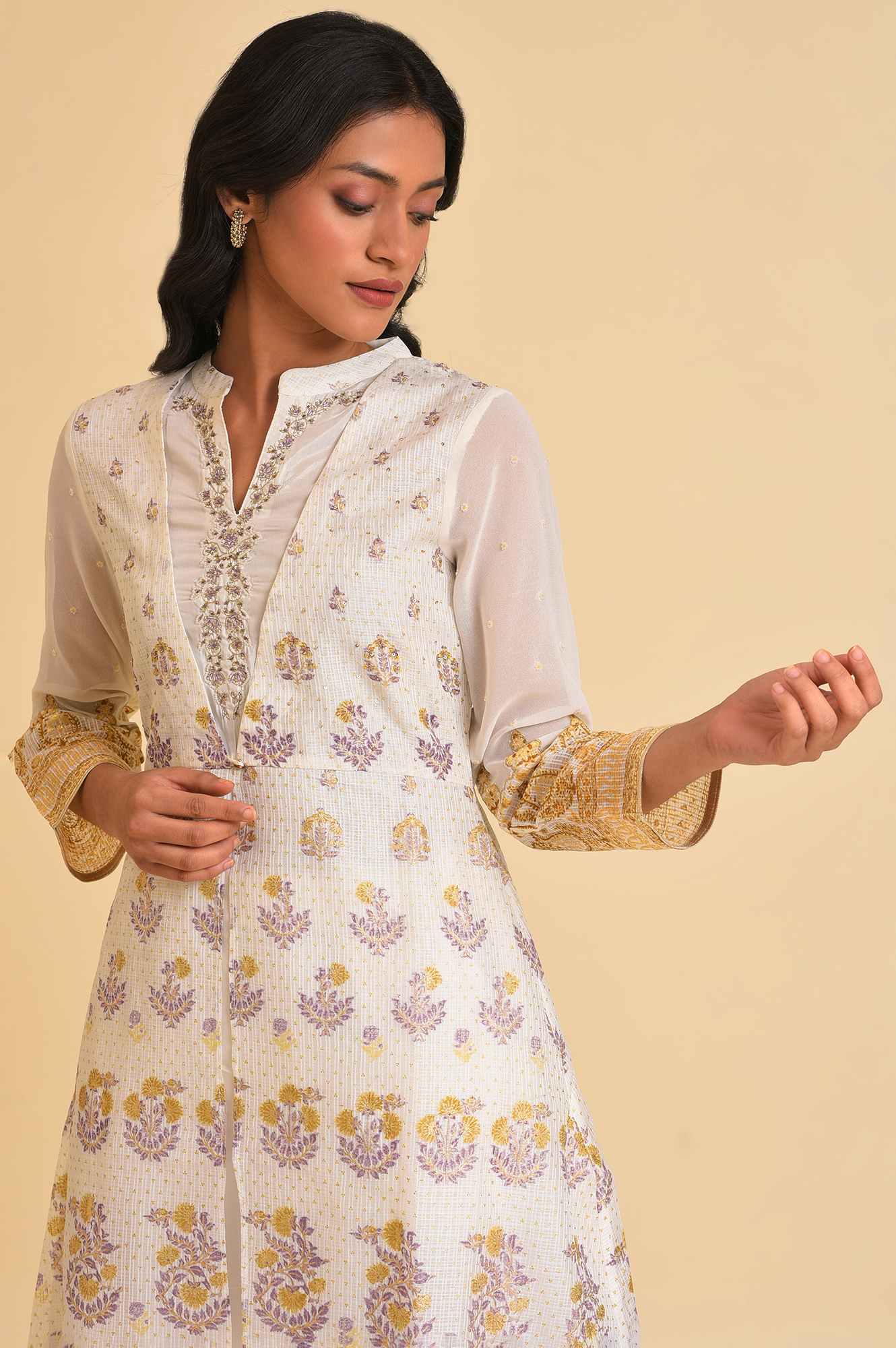 Ecru Mock Layer Printed Kurta & Straight Pants Set - Image 5