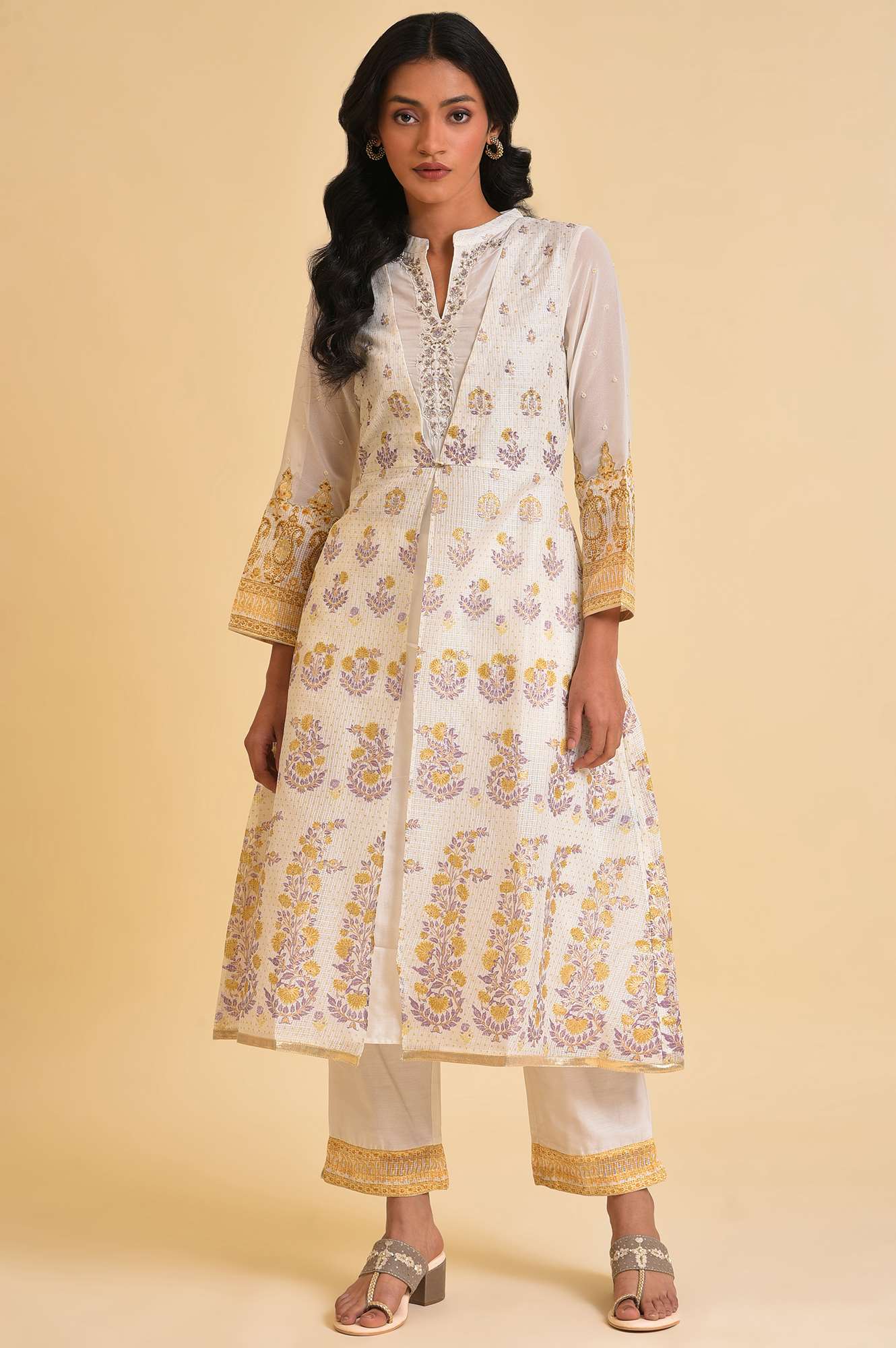 Ecru Mock Layer Printed Kurta & Straight Pants Set - Image 9