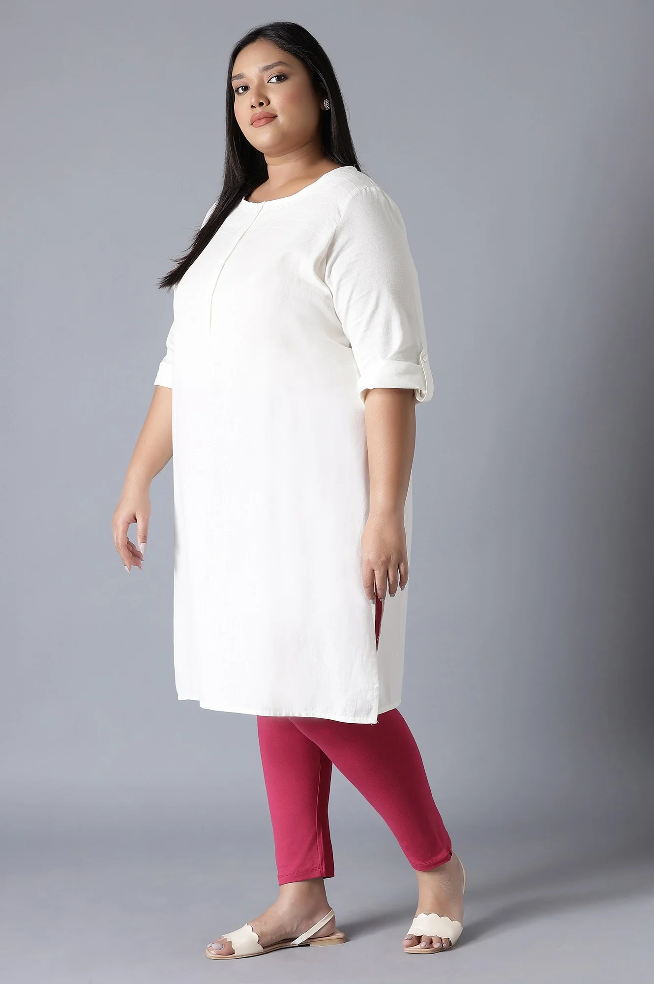 Ecru Round Neck Solid kurta - Image 3