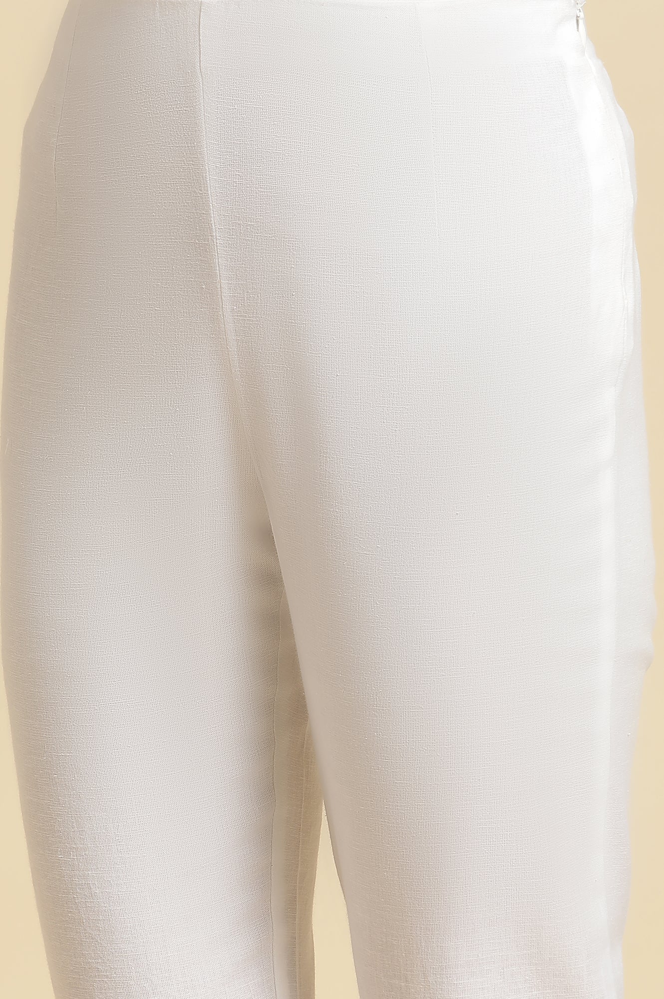Ecru Solid Cotton Flax Slim Pants - Image 7