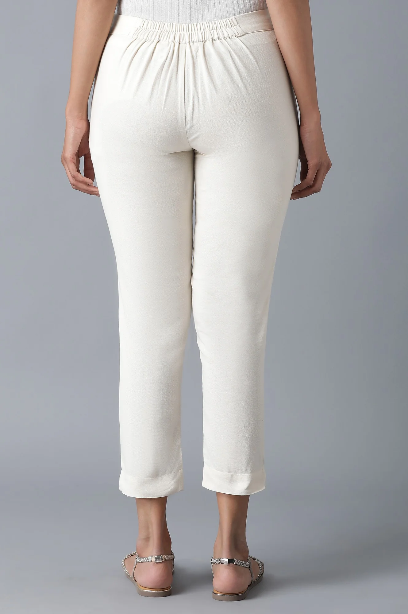 Ecru Solid Slim Pants - Image 2
