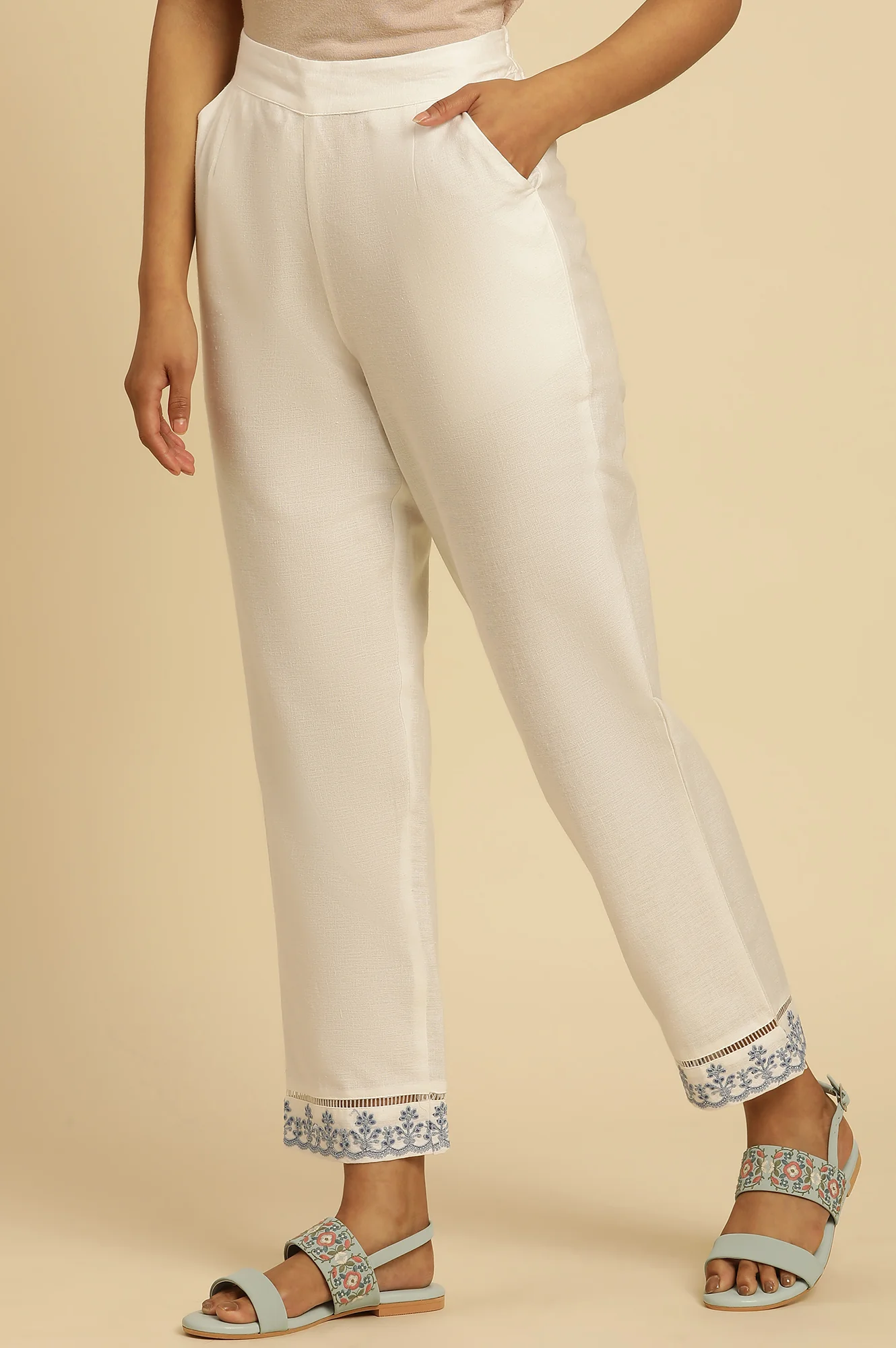 Ecru Solid Straight Pants With Embroidered Hemline - Image 2