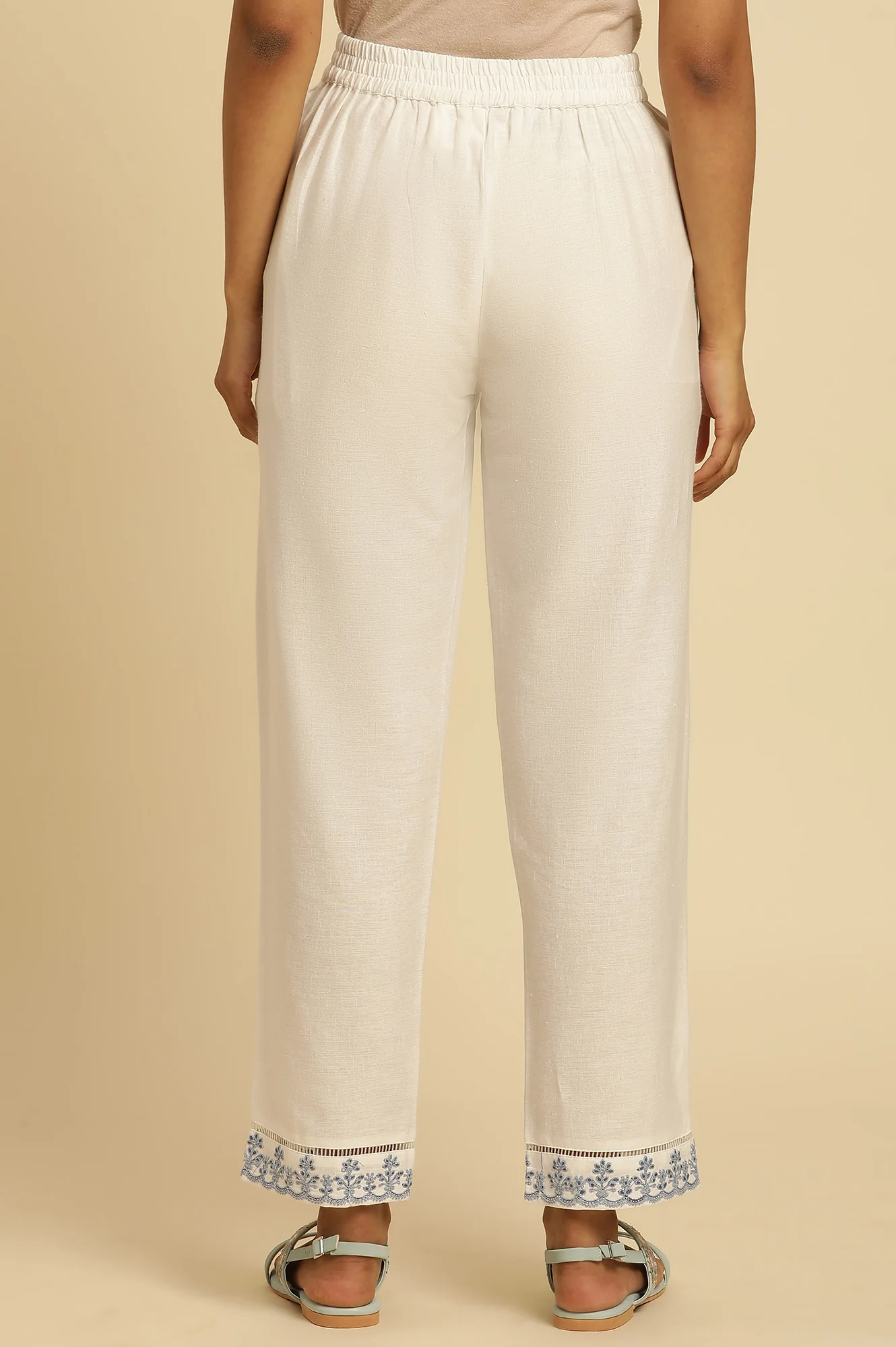 Ecru Solid Straight Pants With Embroidered Hemline - Image 3
