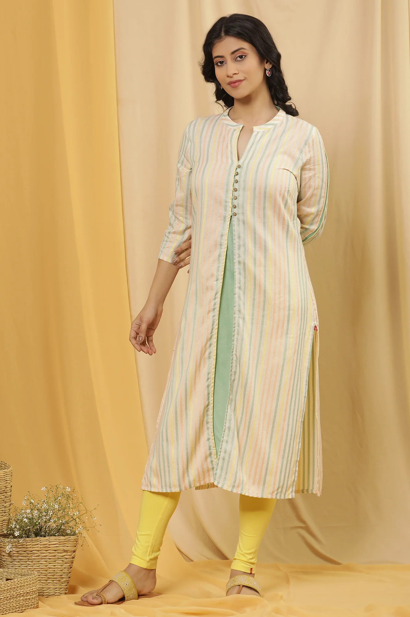 Ecru Striped Dobby Kurta And Tights Set - Image 2