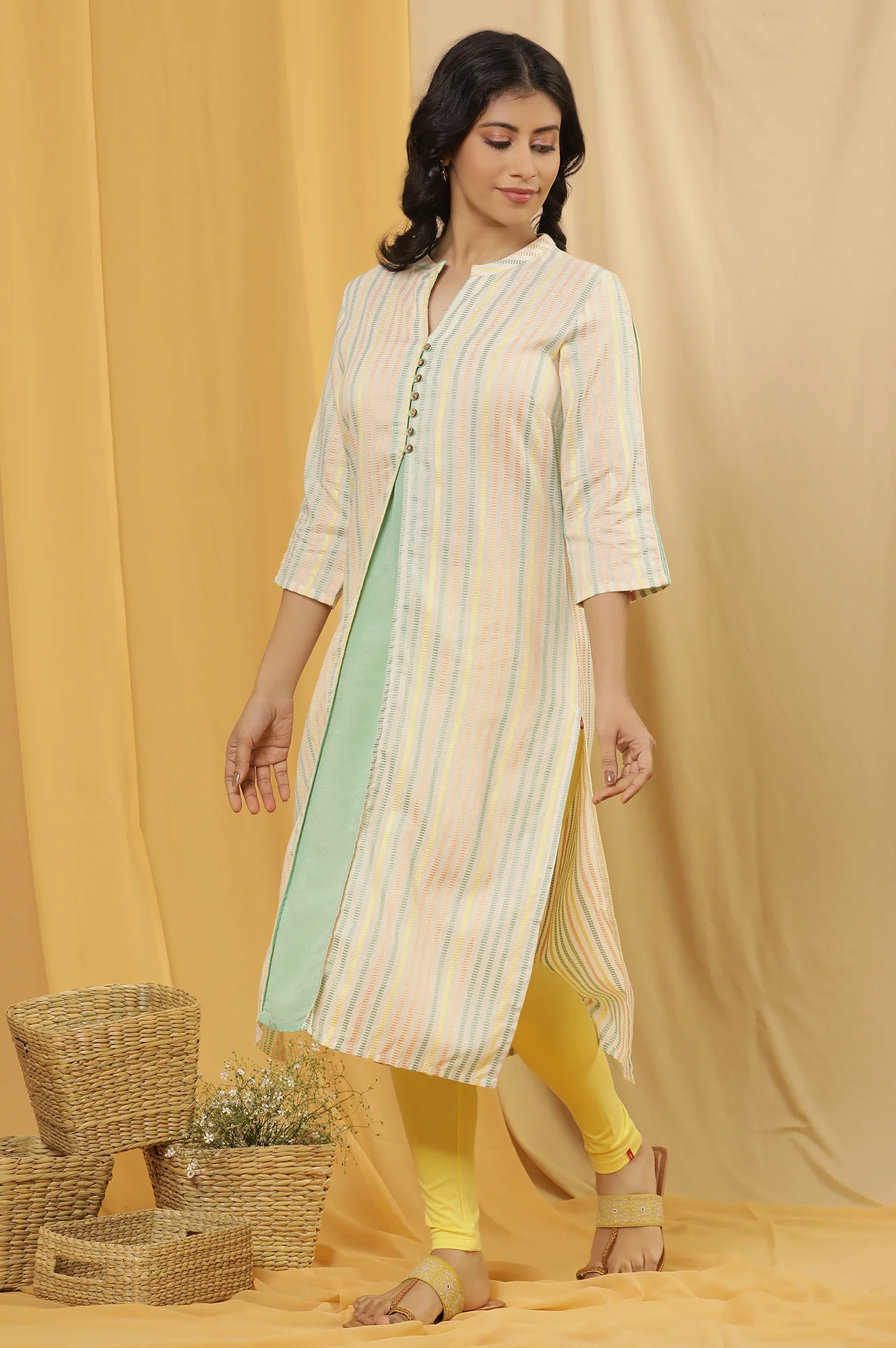 Ecru Striped Dobby Kurta And Tights Set - Image 3