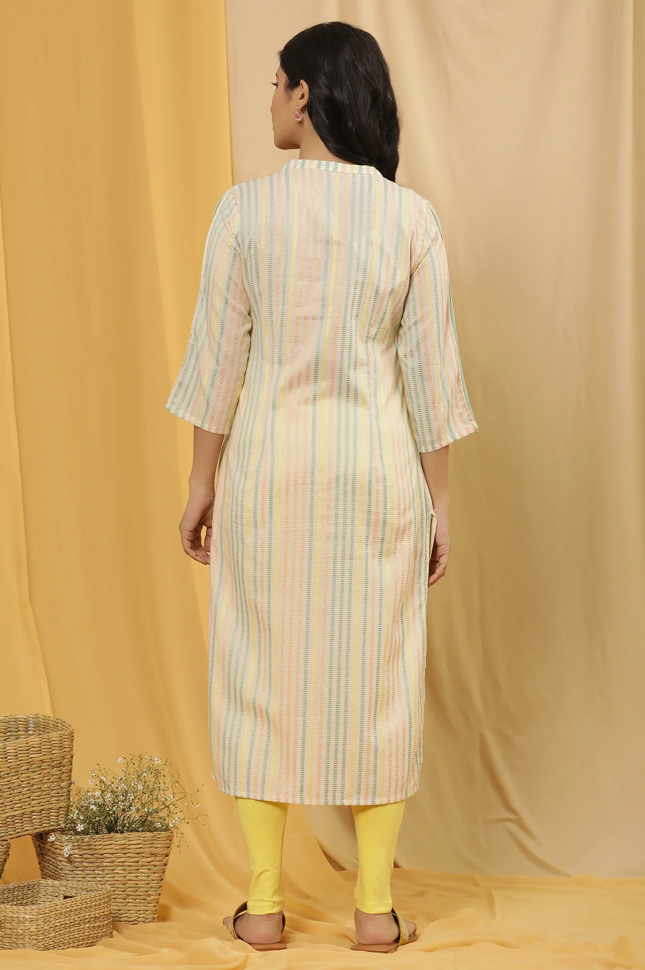 Ecru Striped Dobby Kurta And Tights Set - Image 4