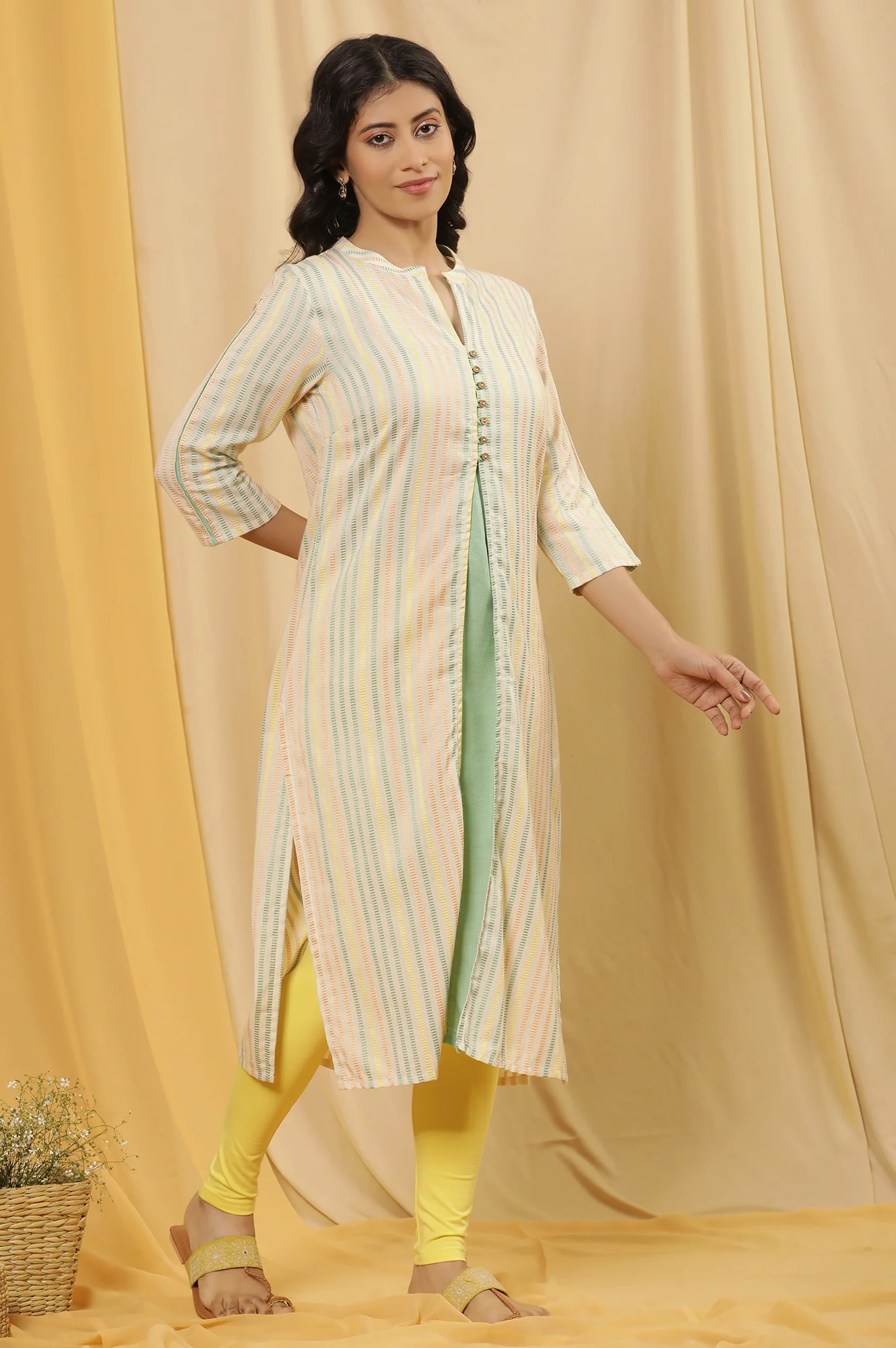 Ecru Striped Dobby Kurta And Tights Set - Image 5
