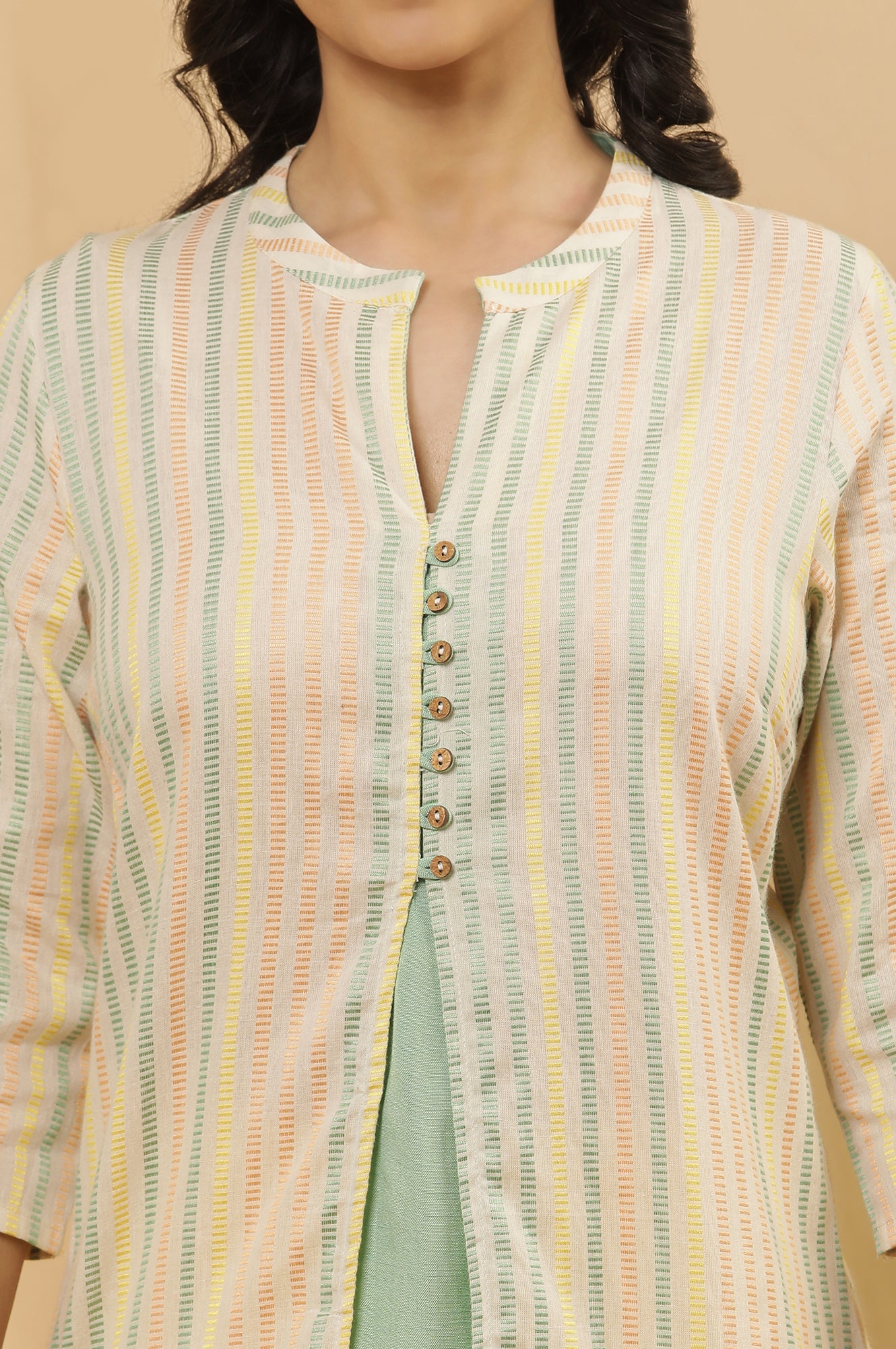 Ecru Striped Dobby Kurta And Tights Set - Image 6
