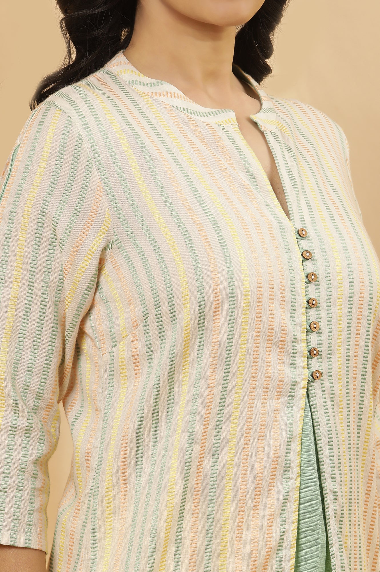 Ecru Striped Dobby Kurta And Tights Set - Image 7