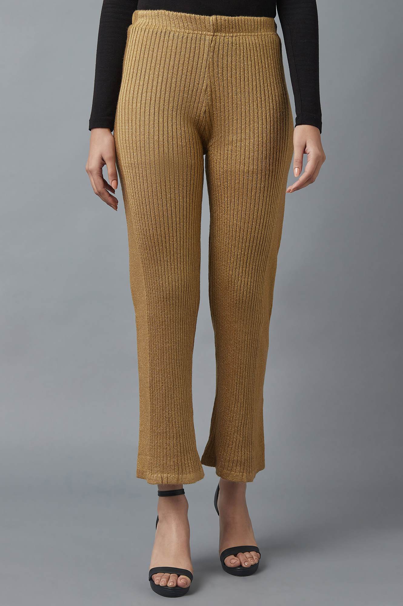 Gold Solid Boot Cut Acrylic Palazzo With Elasticated Waist