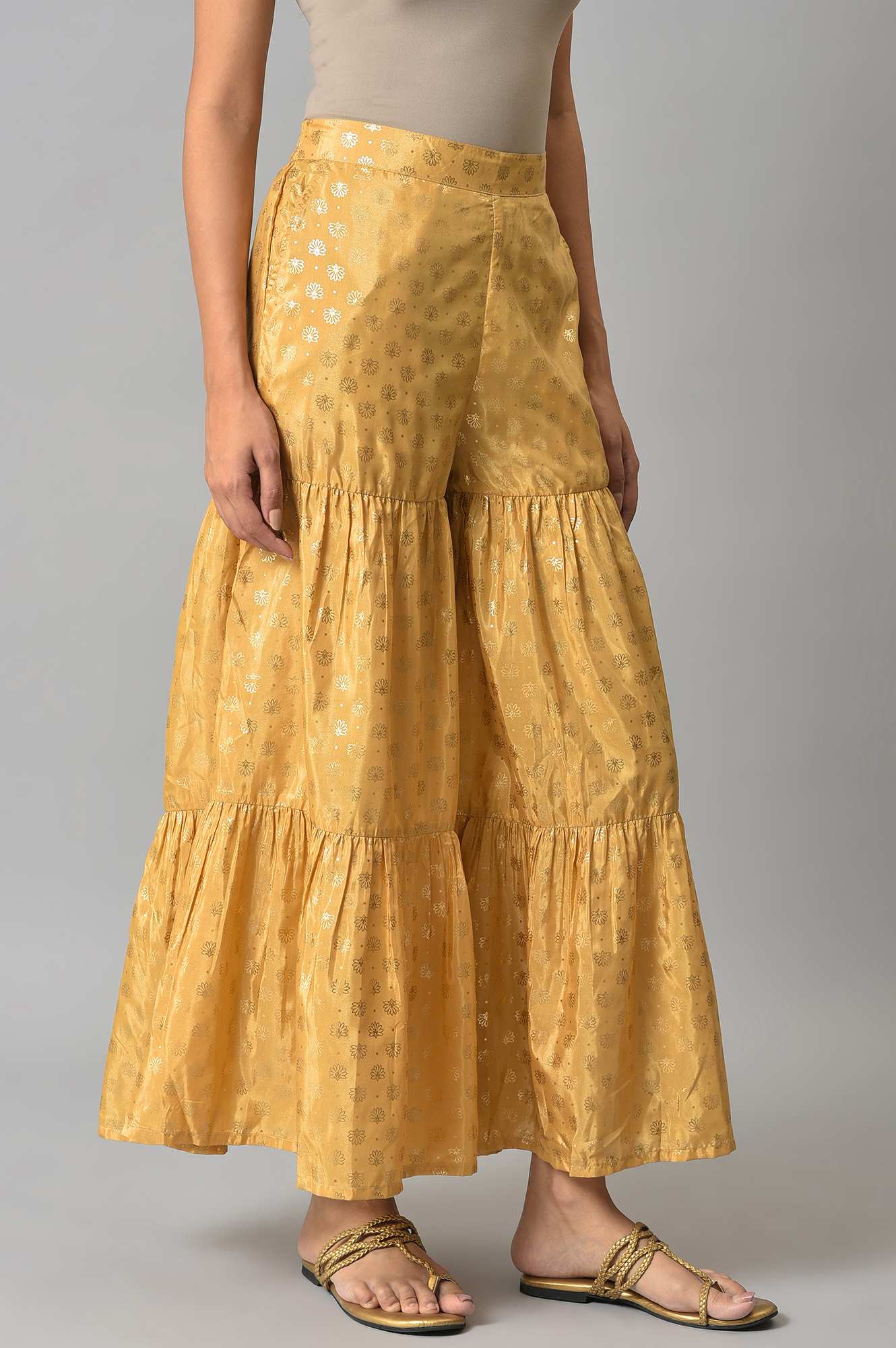 Gold Floral Printed Flared Silk Palazzo With Elasticated Waist - Image 4