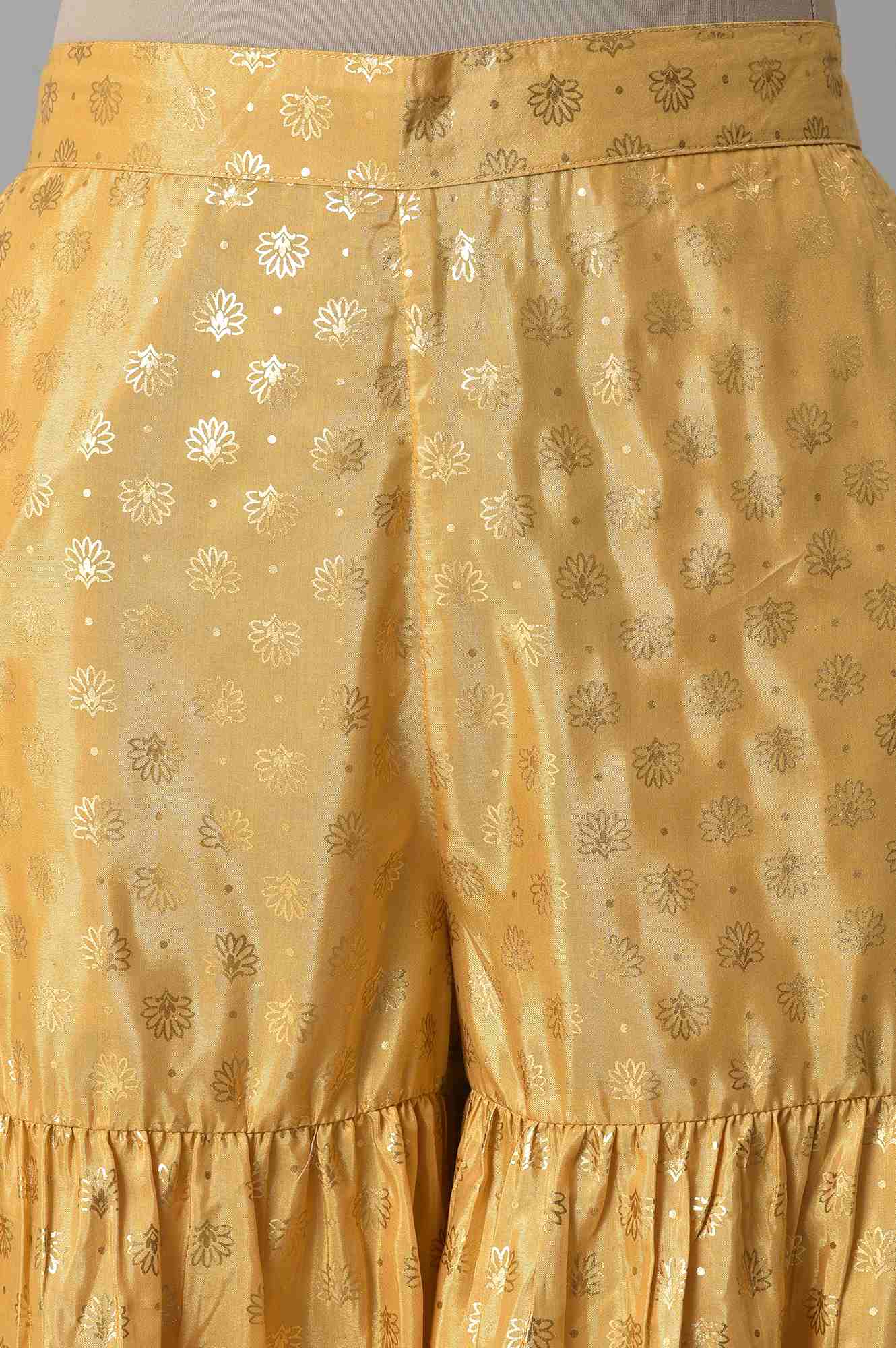 Gold Floral Printed Flared Silk Palazzo With Elasticated Waist - Image 6