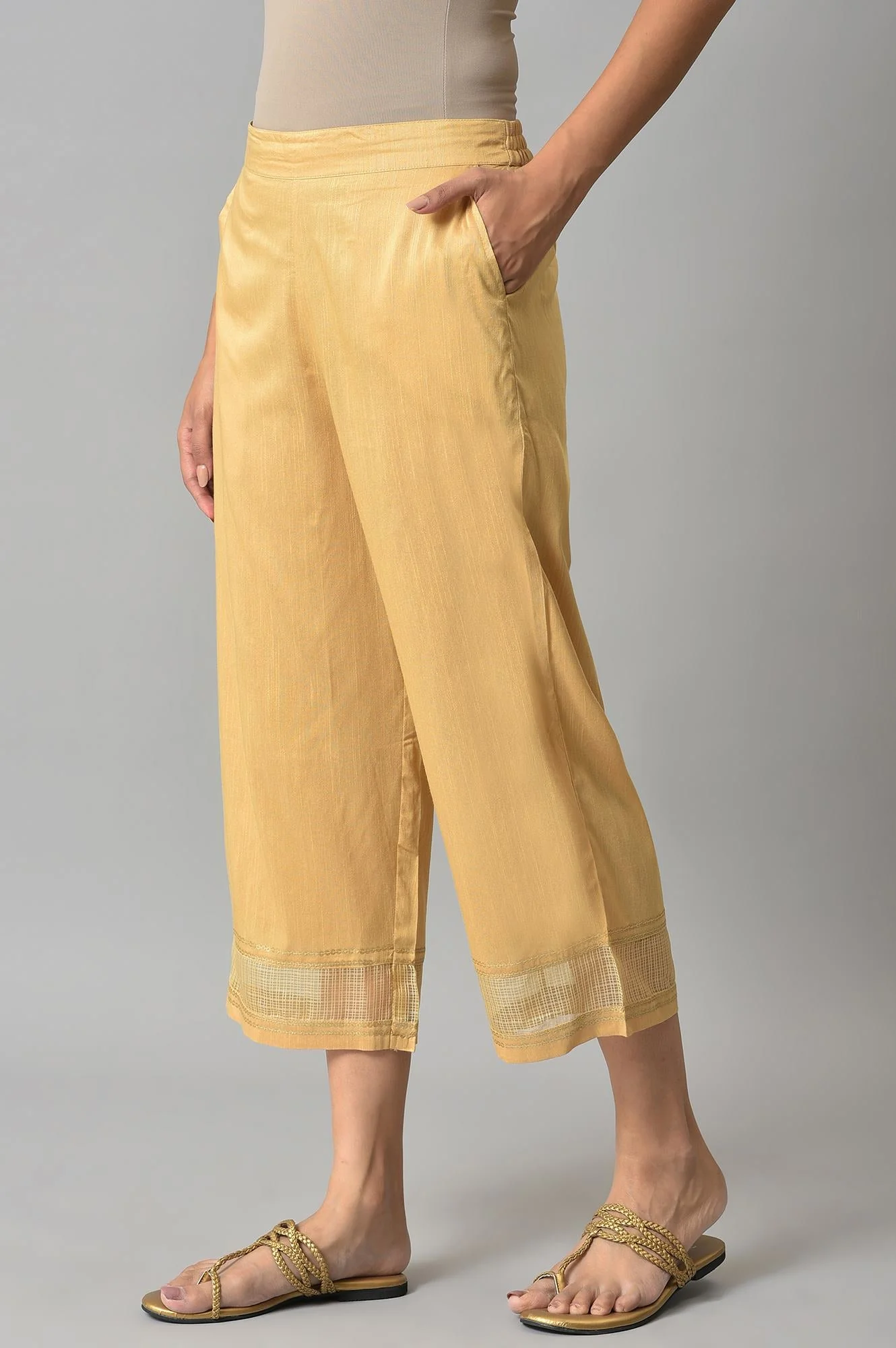 Gold Solid Straight Fit Culottes With Elasticated Waistband - Image 3
