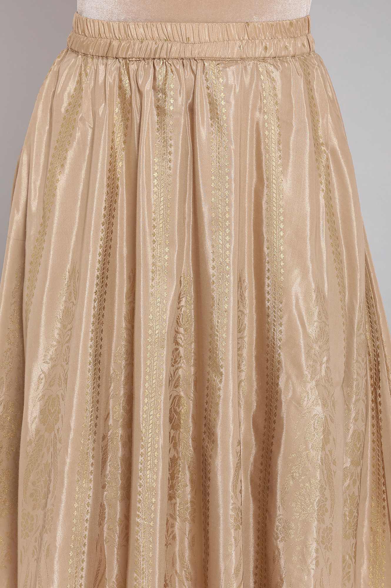 Gold Floral Printed Flared Silk Skirt With Elasticated Waist - Image 6
