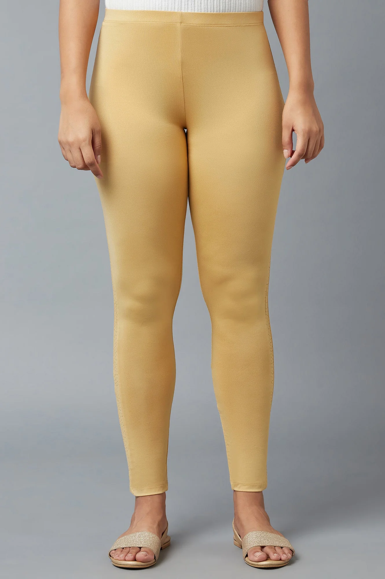 Gold Solid Skinny Poly Lycra Tights With Elasticated Waist