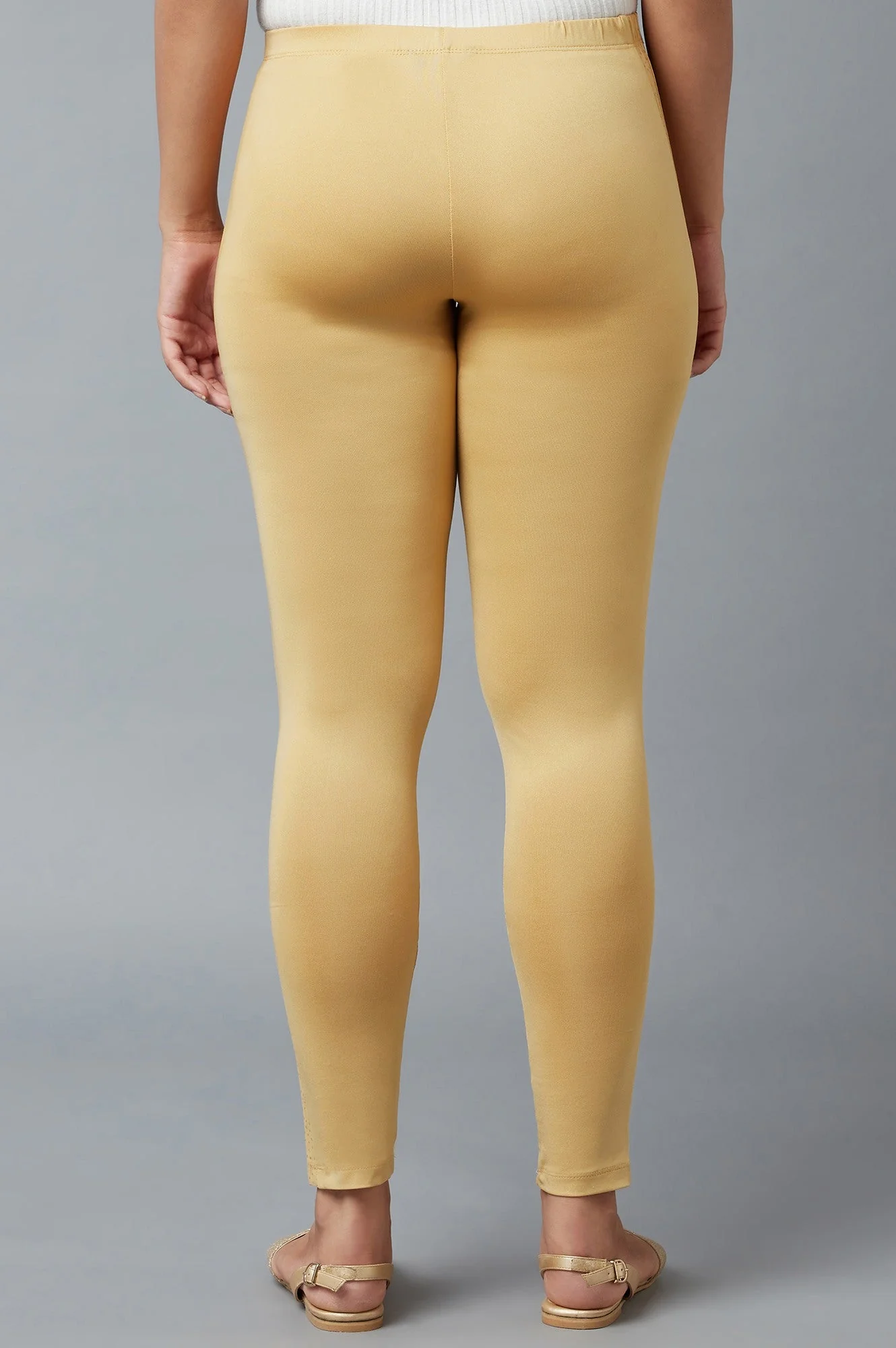 Gold Solid Skinny Poly Lycra Tights With Elasticated Waist - Image 2