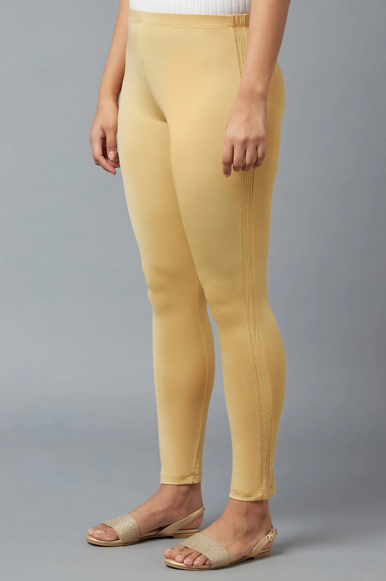 Gold Solid Skinny Poly Lycra Tights With Elasticated Waist - Image 3