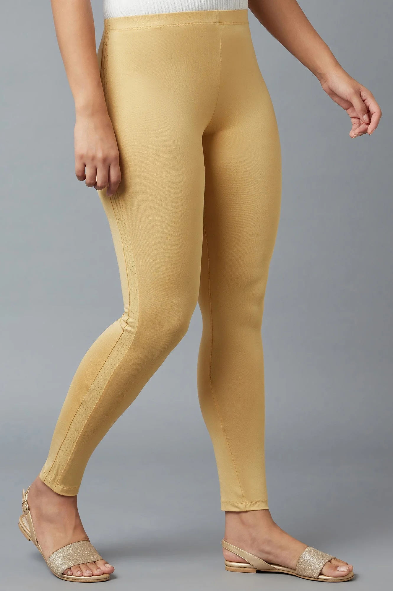 Gold Solid Skinny Poly Lycra Tights With Elasticated Waist - Image 4