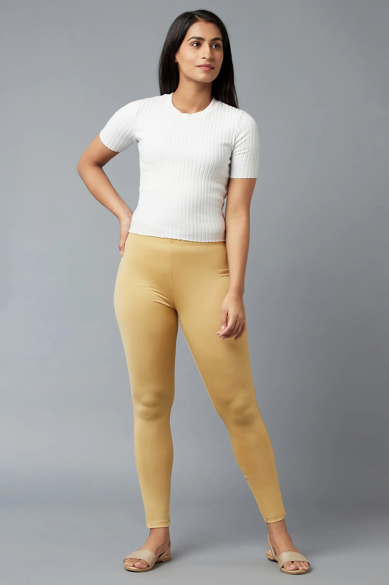 Gold Solid Skinny Poly Lycra Tights With Elasticated Waist - Image 5
